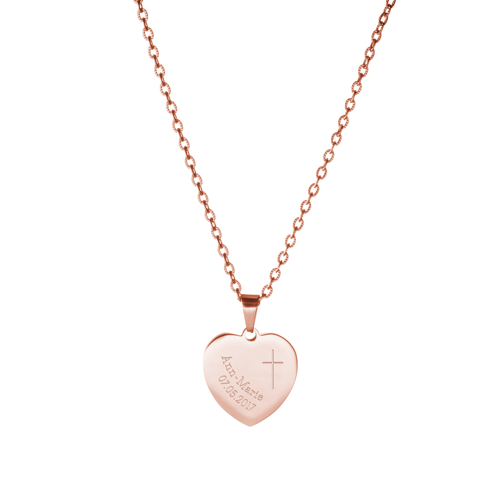 Kette mit Herz-Anhänger - Kreuzkette mit Gravur Kreuz und Datum - Roségold