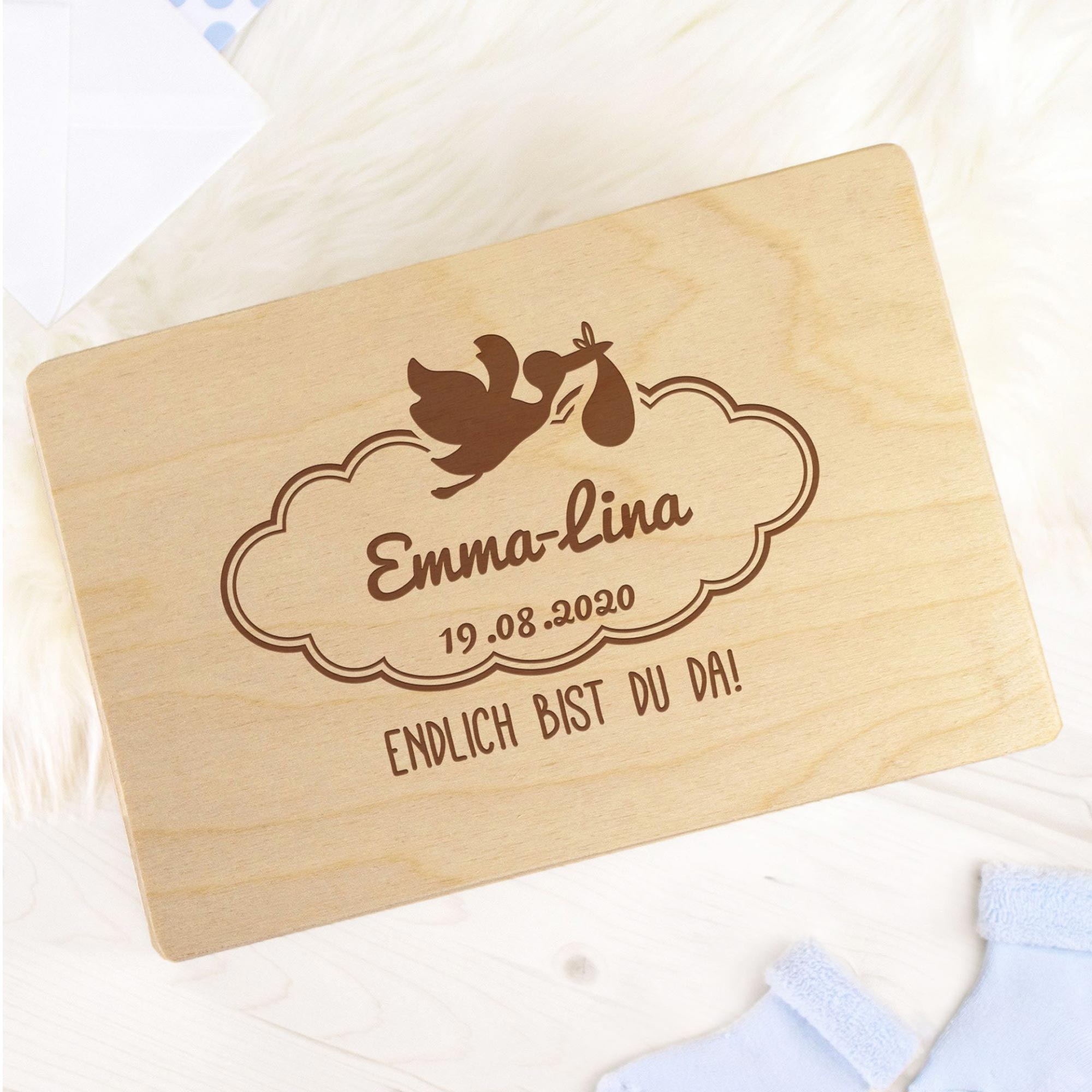 Erinnerungsbox zur Geburt Storch - Personalisierte Memory Box