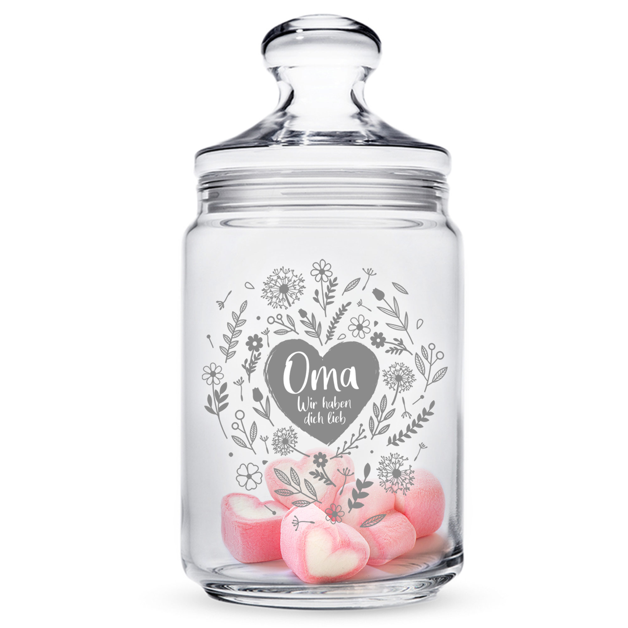 Glas für Bonbons mit Gravur, Bonboniere für Süßigkeiten, Süßigkeiten Glas mit Blumenherz Motiv, Aufbewahrungsglas als Geschenk für Oma
