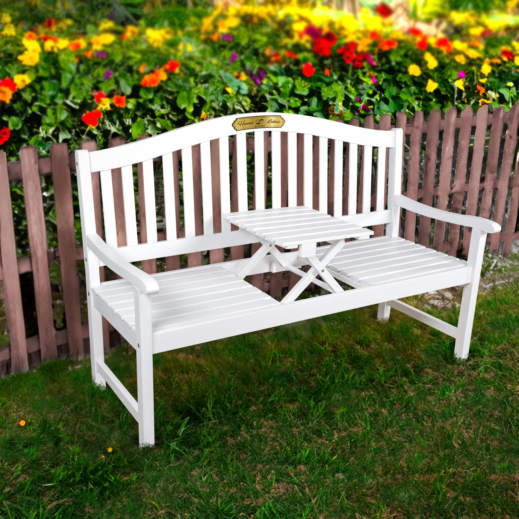 Gartenbank zur Hochzeit mit gravierter Plakette - Weiß