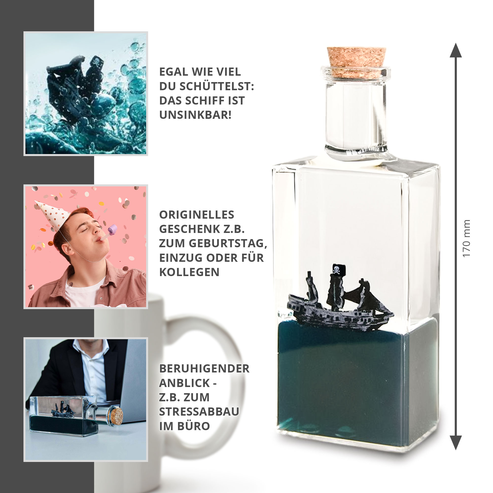 Unsinkbares Piraten Schiff in der Flasche - Büro Gadget