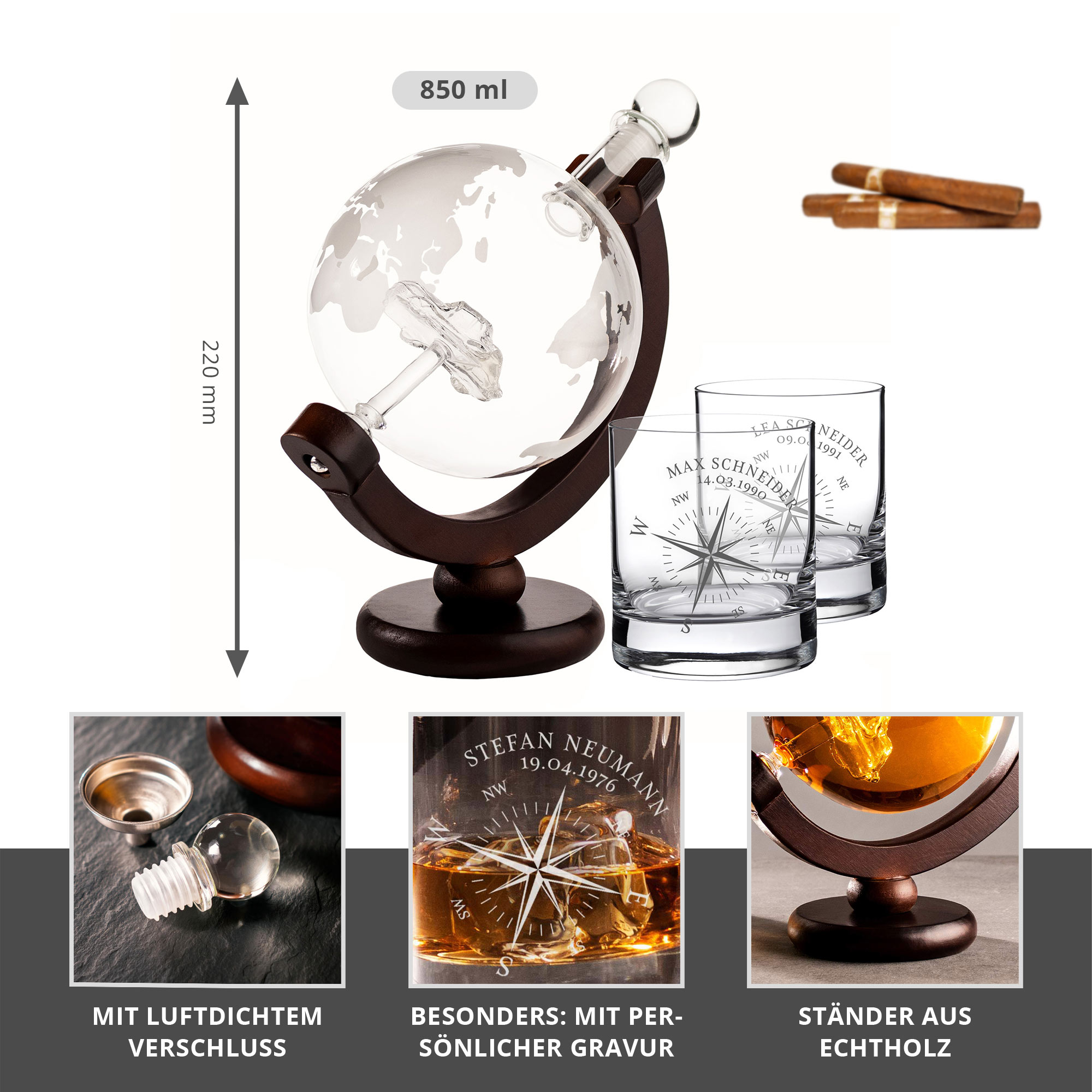 Whiskyset Globus Karaffe und zwei gravierte Tumbler, Whiskyset Globus Karaffe und zwei gravierte Tumbler, Whiskyglas, Geburtstagsgeschenke, whiskyset