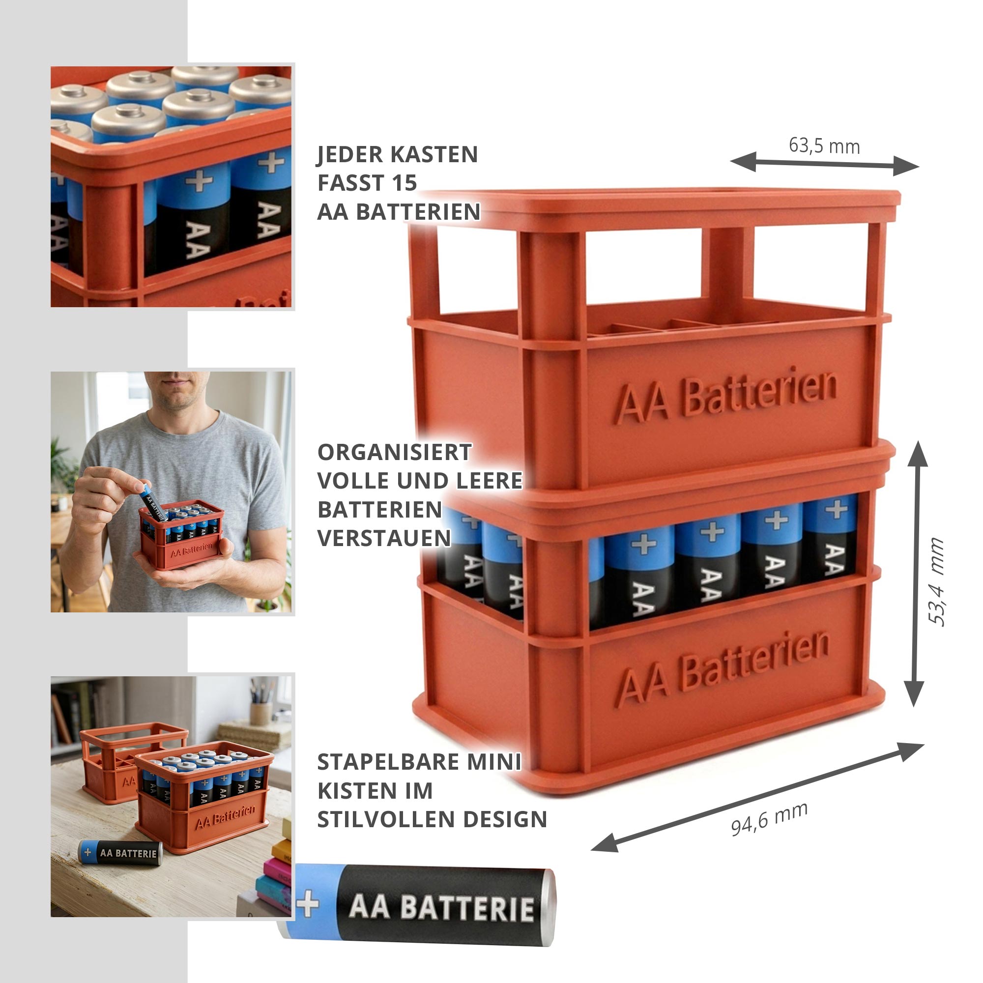 Stapelbare Aufbewahrungsbox für Batterien AA - 2er Set Bierkiste Rot