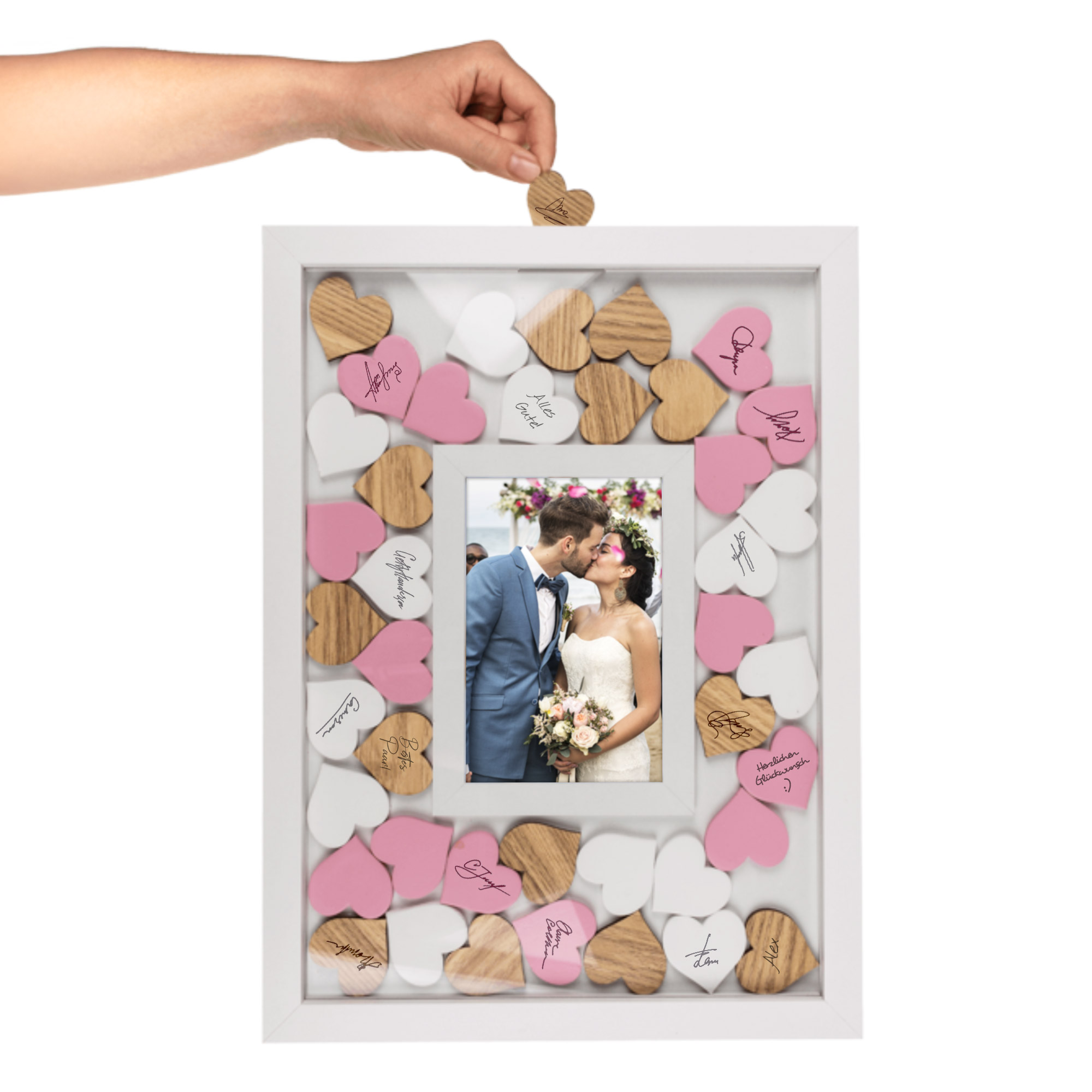 Fotorahmen Gästebuch zur Hochzeit mit Holzherzen