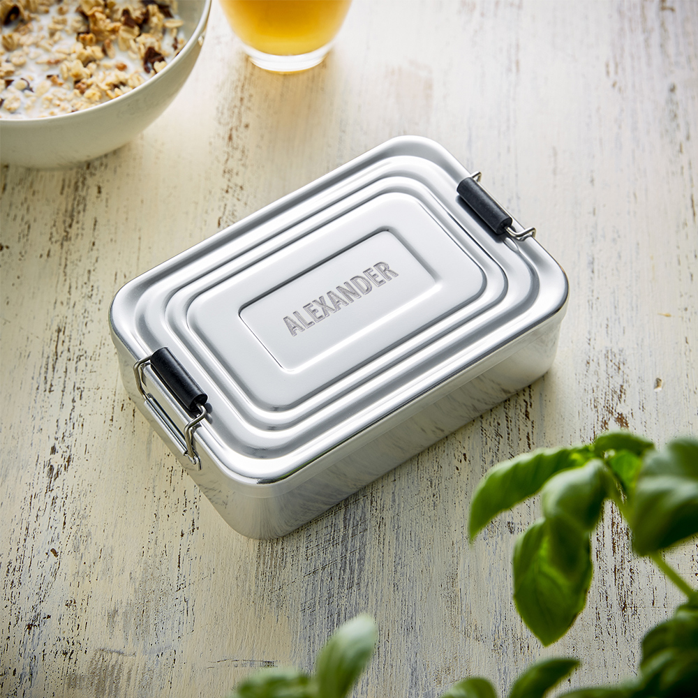 Brotdose Eckig Silber - Name - Personalisiert