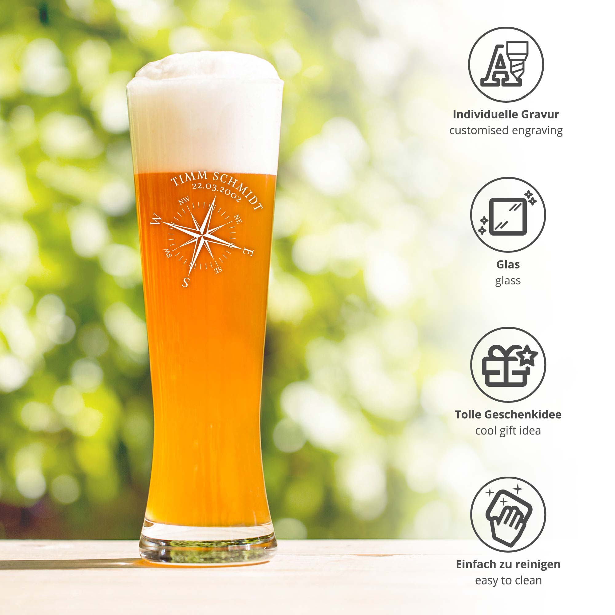 Weizenglas mit Gravur - Kompass - Weizenbierglas