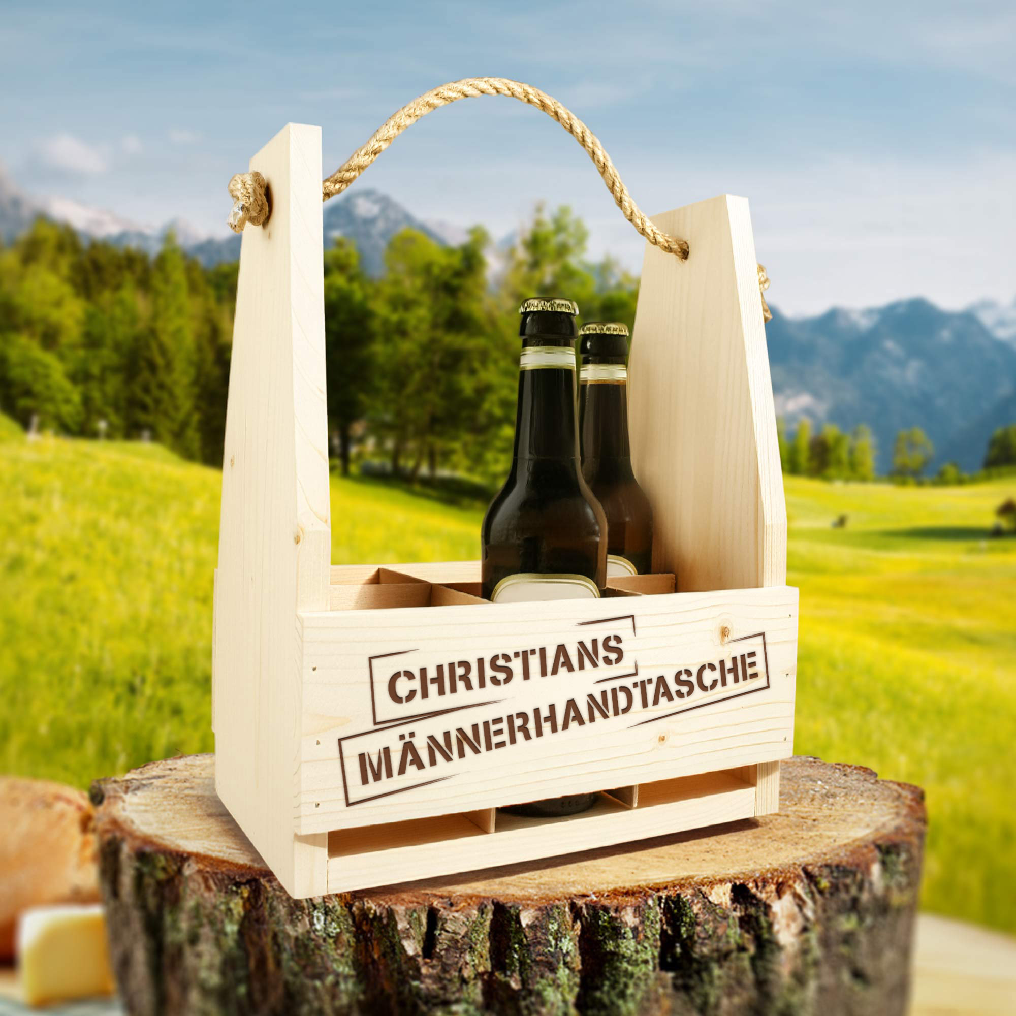 Flaschenträger 6-Fach aus Holz mit Gravur - Männerhandtasche
