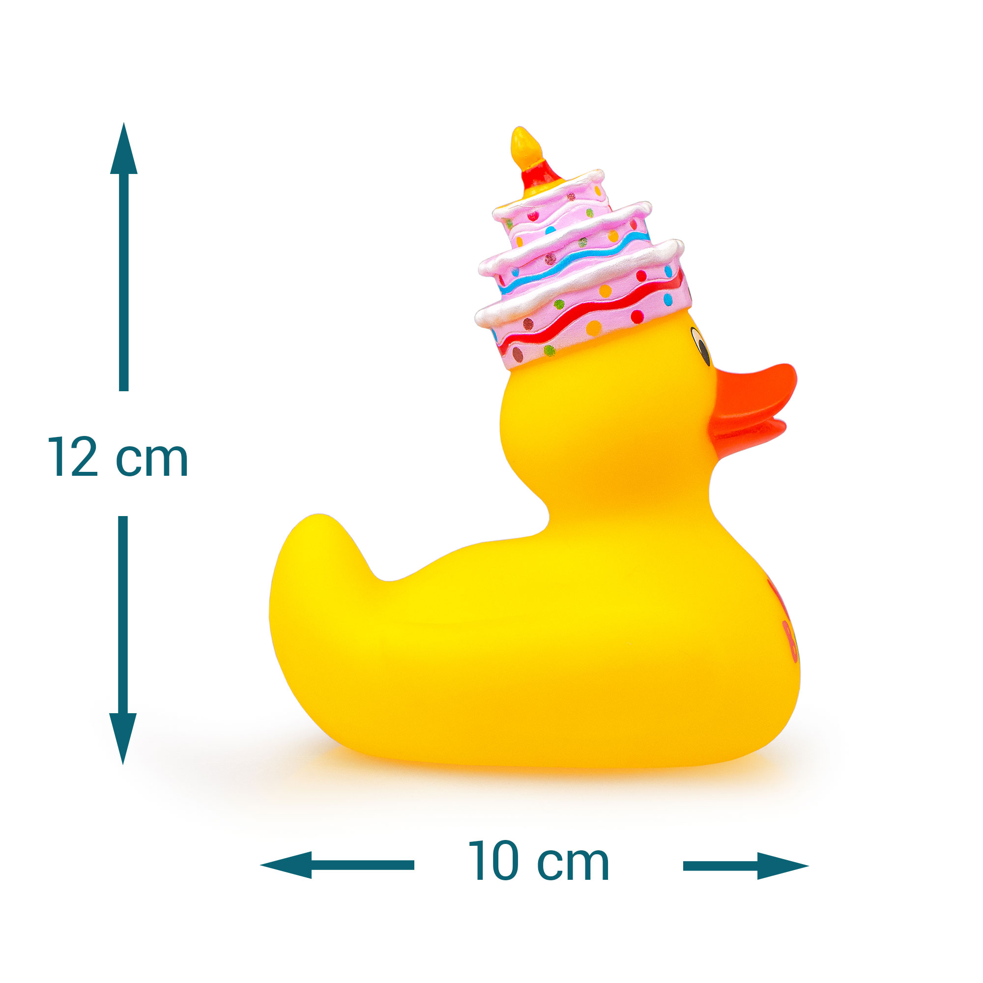 Quietscheente zum Geburtstag, Lustiges Quietscheentchen als Geburtstagsgeschenk, Badeente mit Schriftzug Happy Birthday, Gummiente für die Badewanne