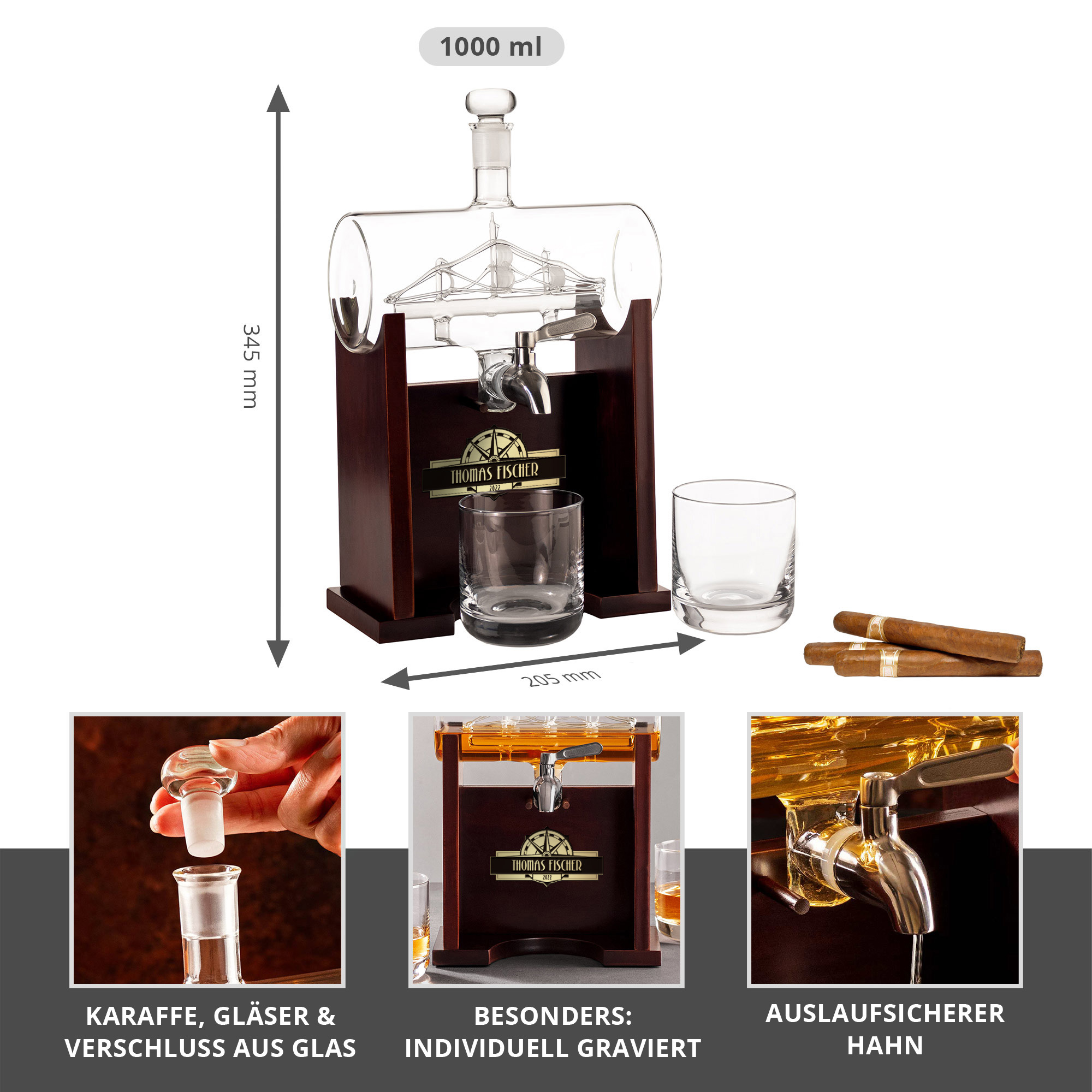 Whisky Set mit Gravur - Fass Karaffe mit 2 Gläsern