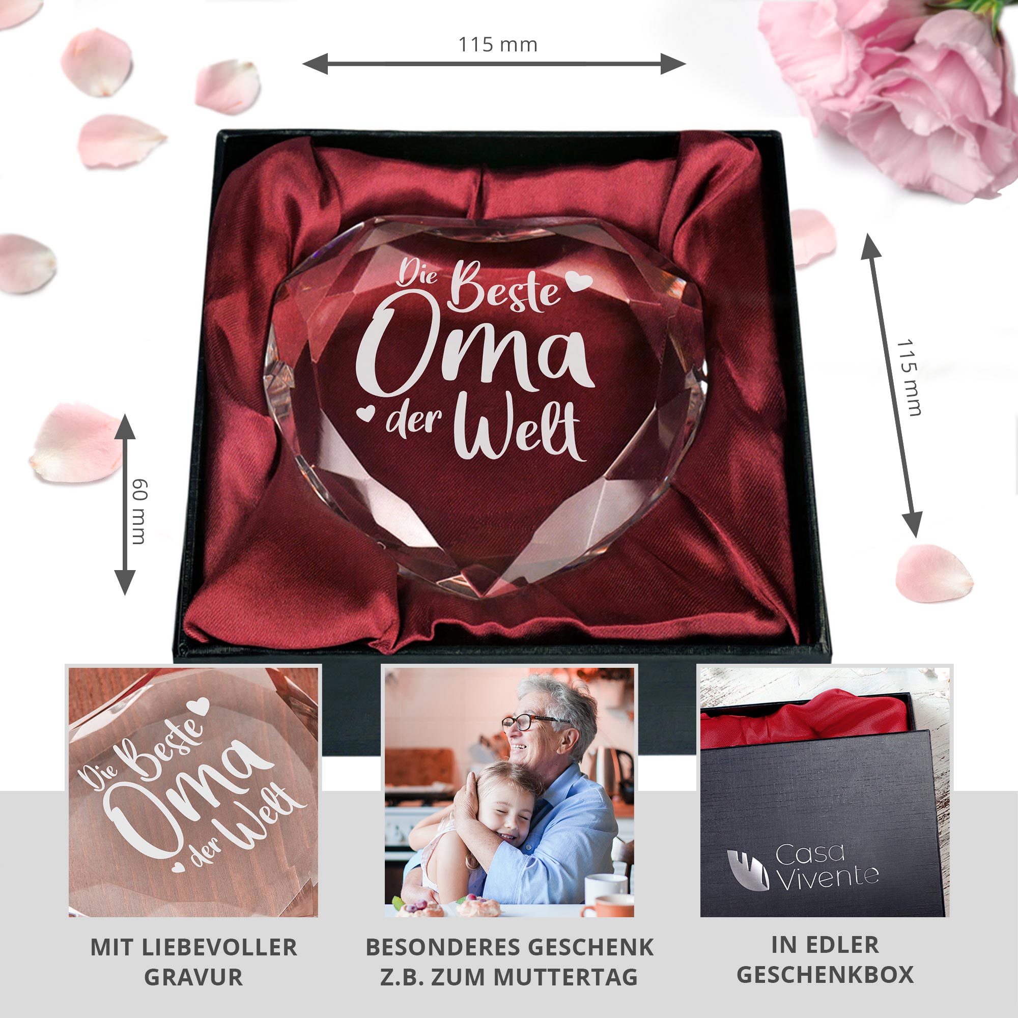 Glasdiamant Briefbeschwerer als Geschenk für Oma, Glasherz Dekoration mit Gravur, Glas Kristall mit graviertem Schriftzug, Herz Diamant Glasdeko