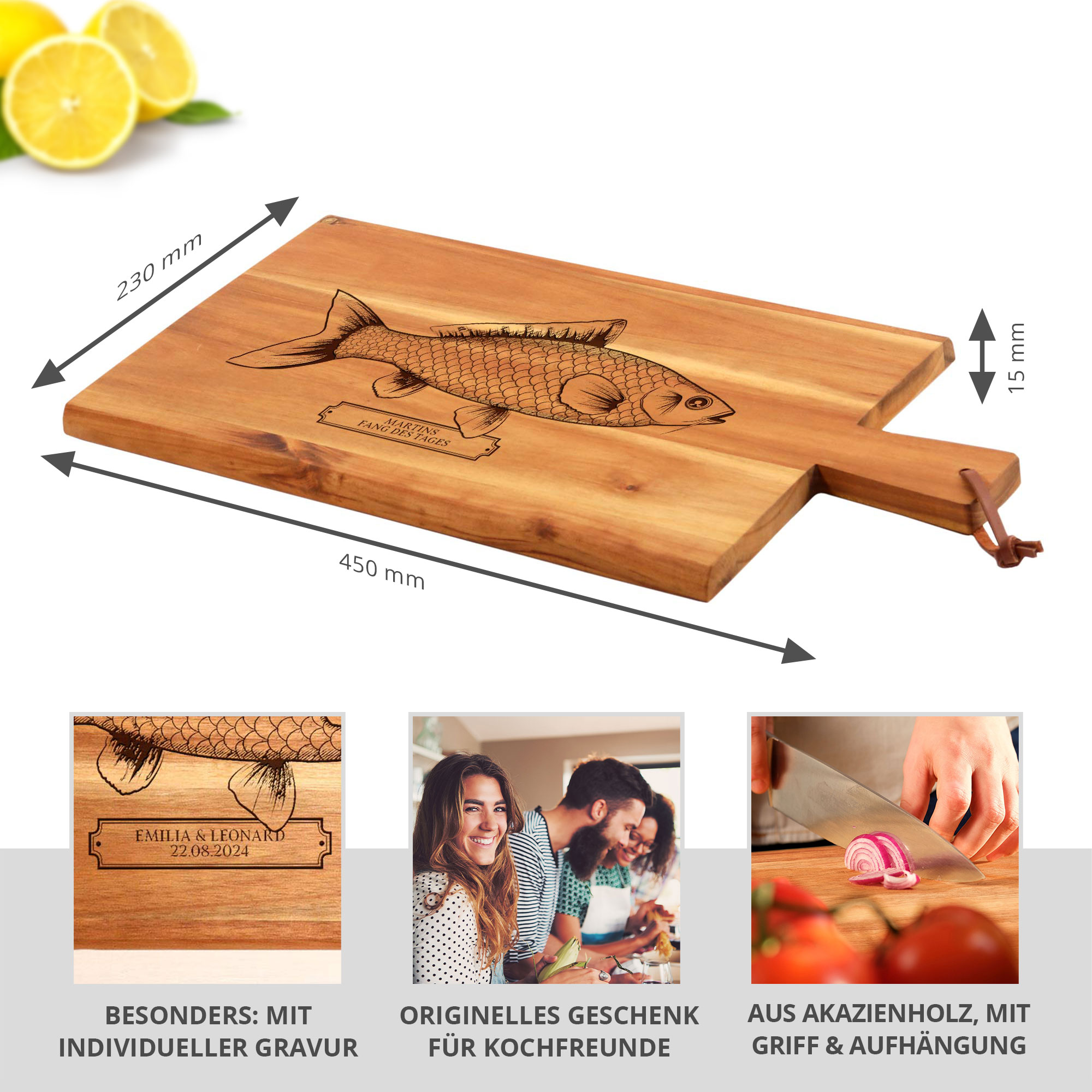 Graviertes Schneidebrett mit Griff - Fisch Gravur