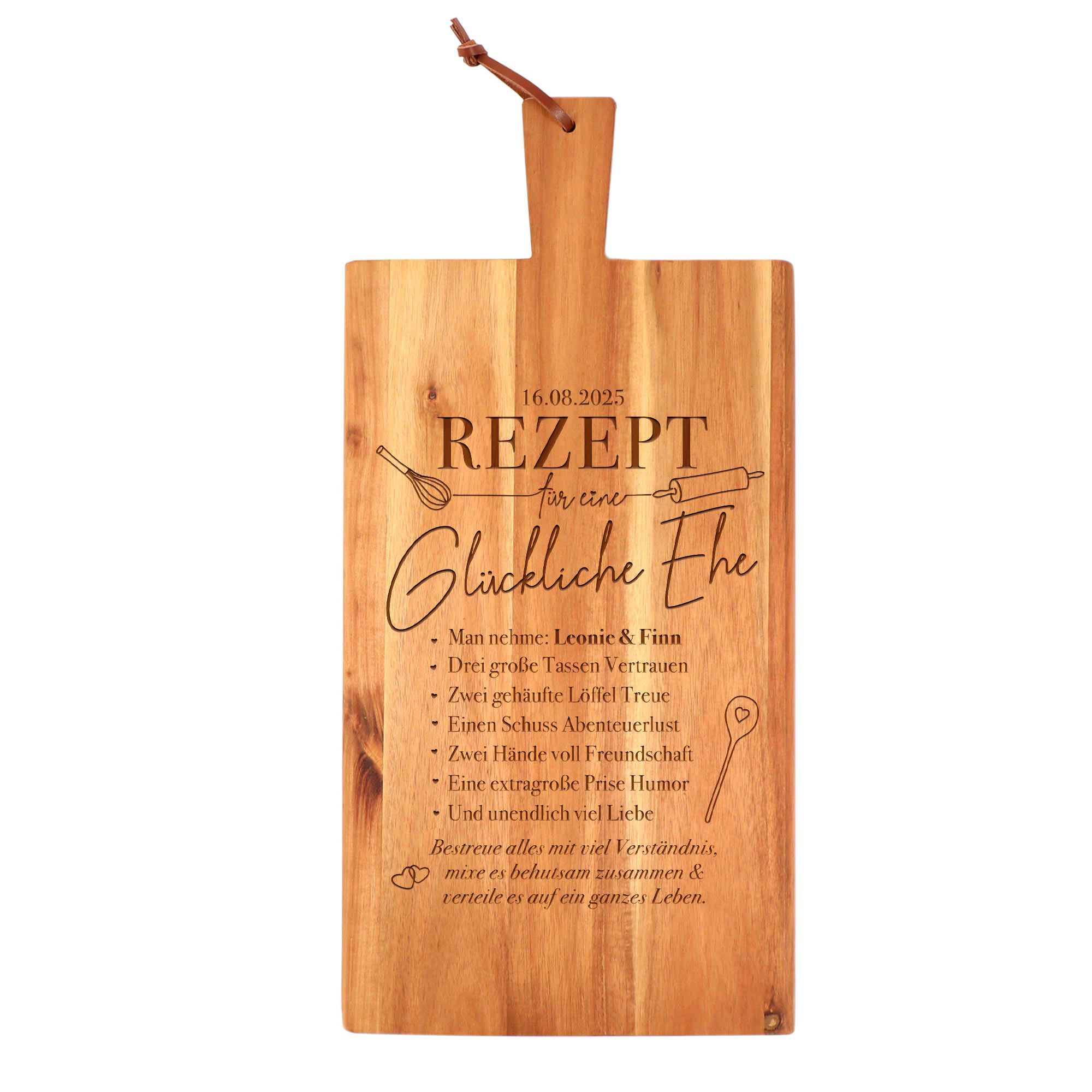 Graviertes Schneidebrett mit Griff  - Rezept glückliche Ehe
