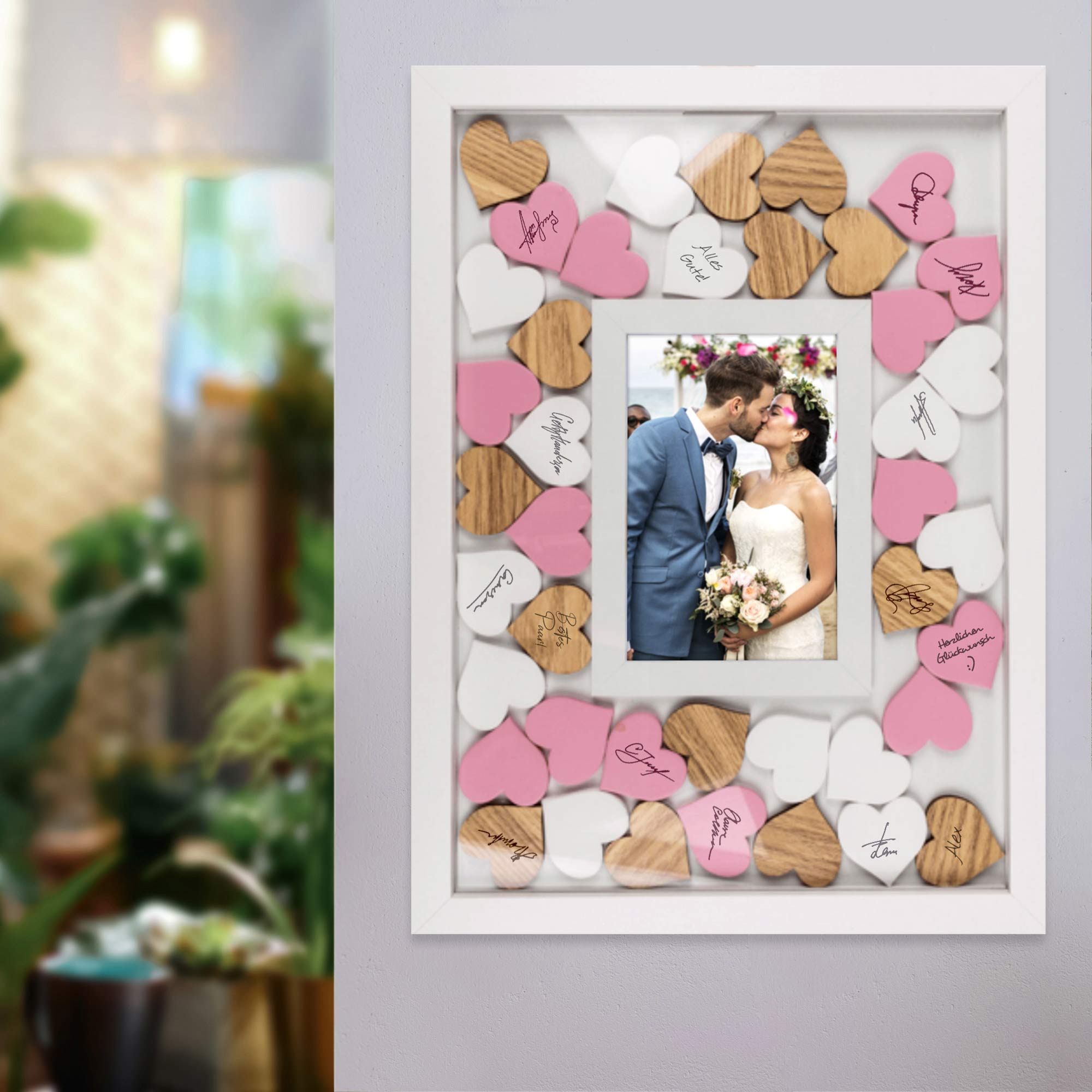 Fotorahmen Gästebuch zur Hochzeit mit Holzherzen