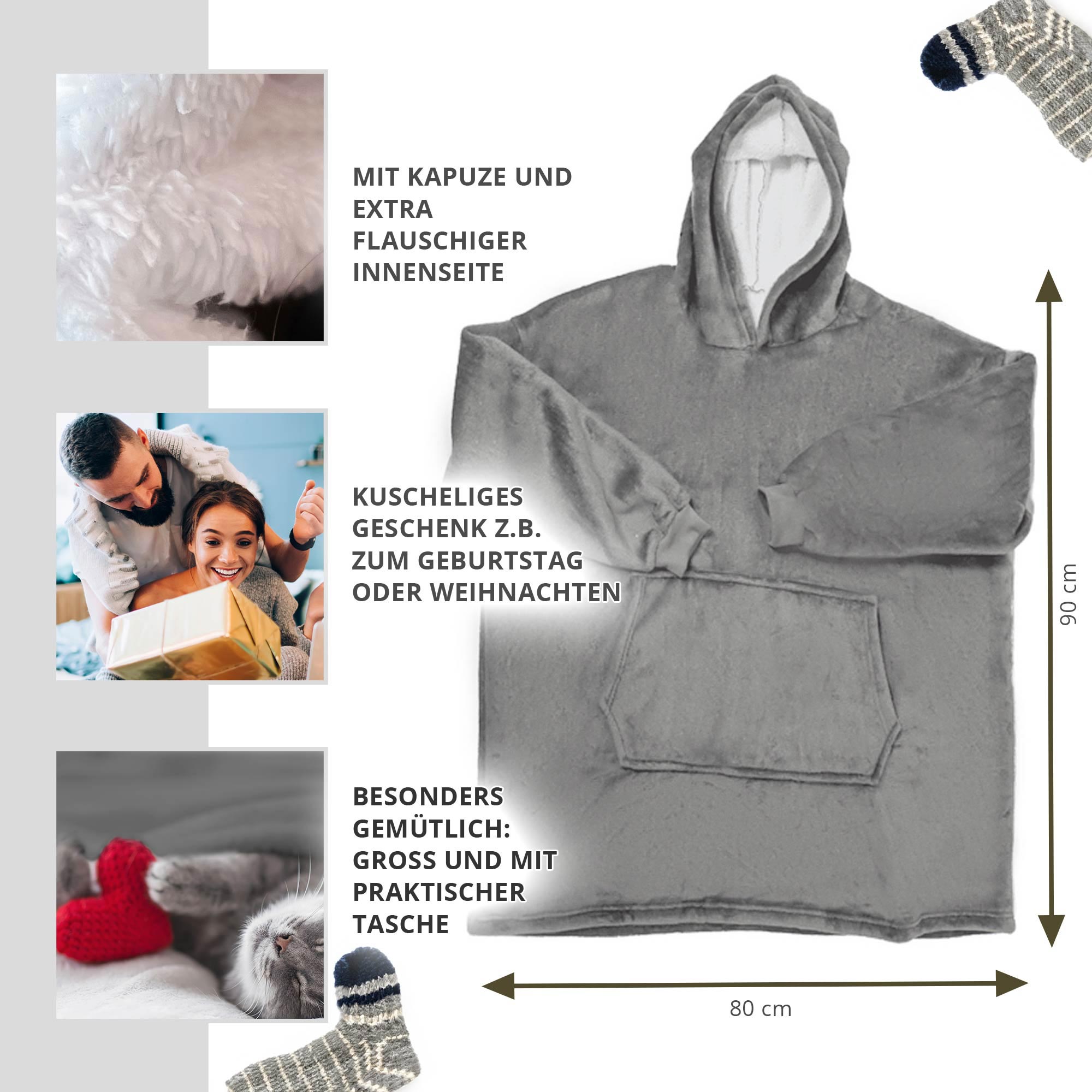 Riesen Kuschel Hoodie mit Tasche - Grau
