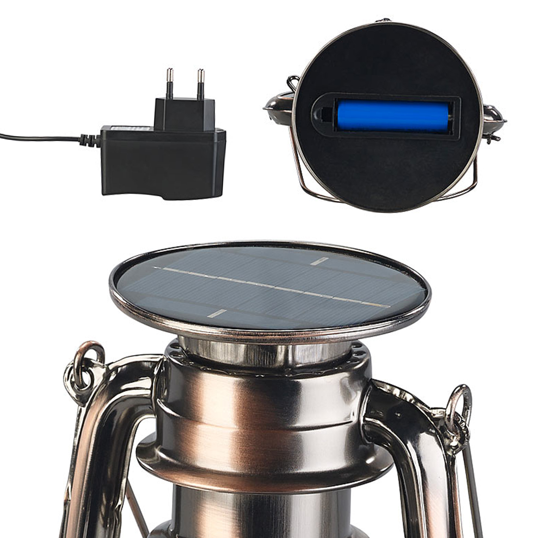 Solarbetriebene LED Leuchte im Sturmlampen-Design