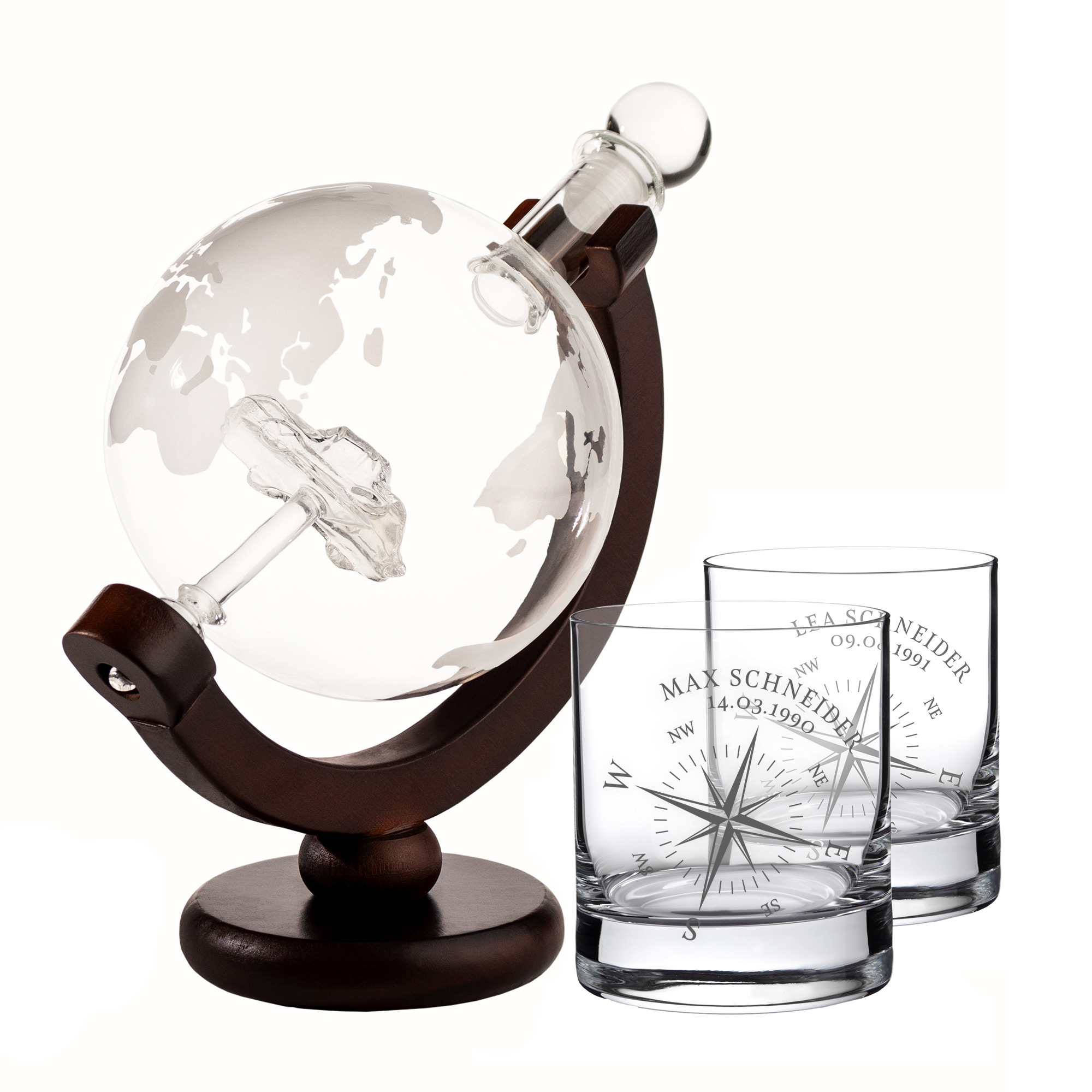 Whiskyset Globus Karaffe und zwei gravierte Tumbler, Whiskyset Globus Karaffe und zwei gravierte Tumbler, Whiskyglas, Geburtstagsgeschenke, whiskyset