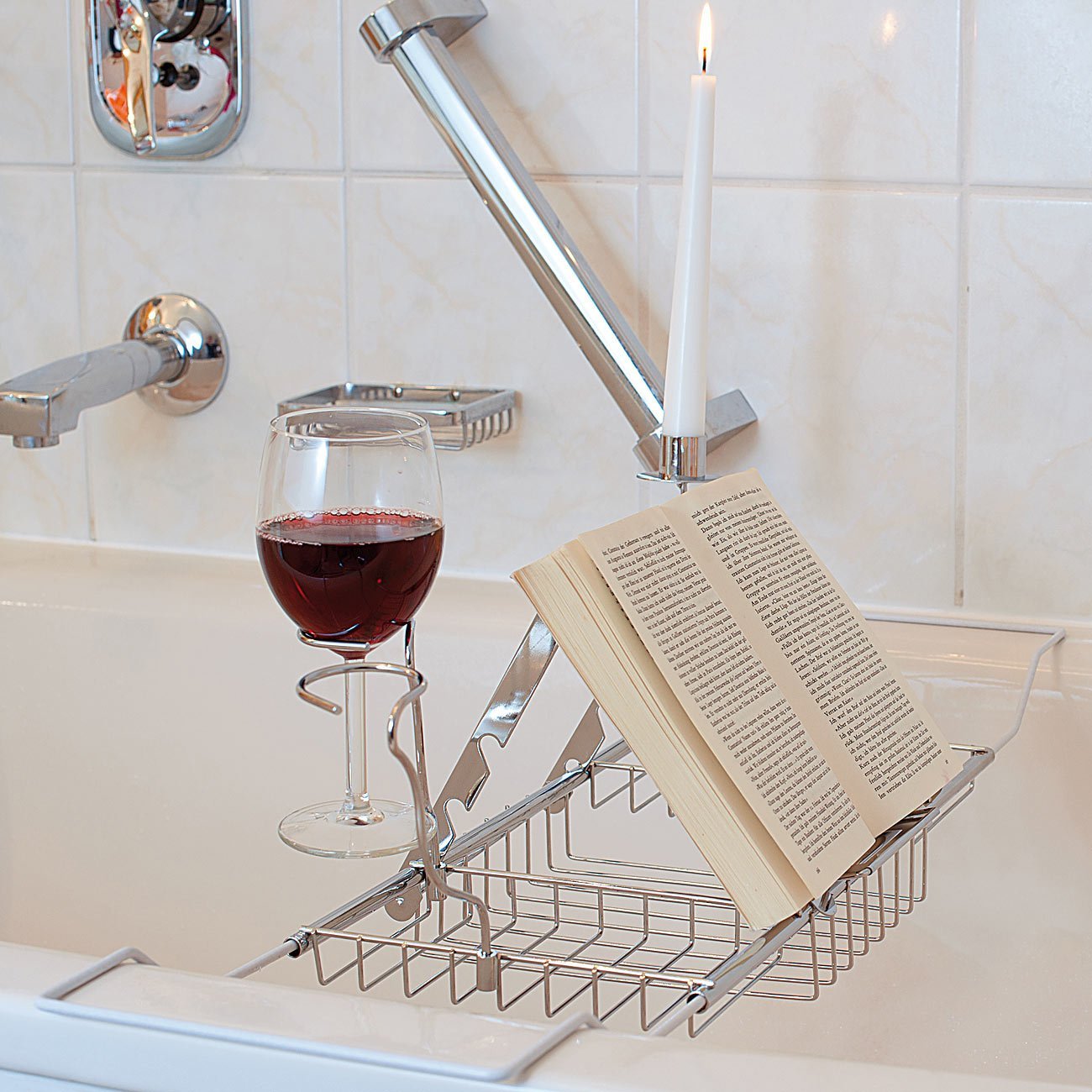 Badewannenablage - 3in1 Buchhalter, Kerzenständer & Weinglashalter