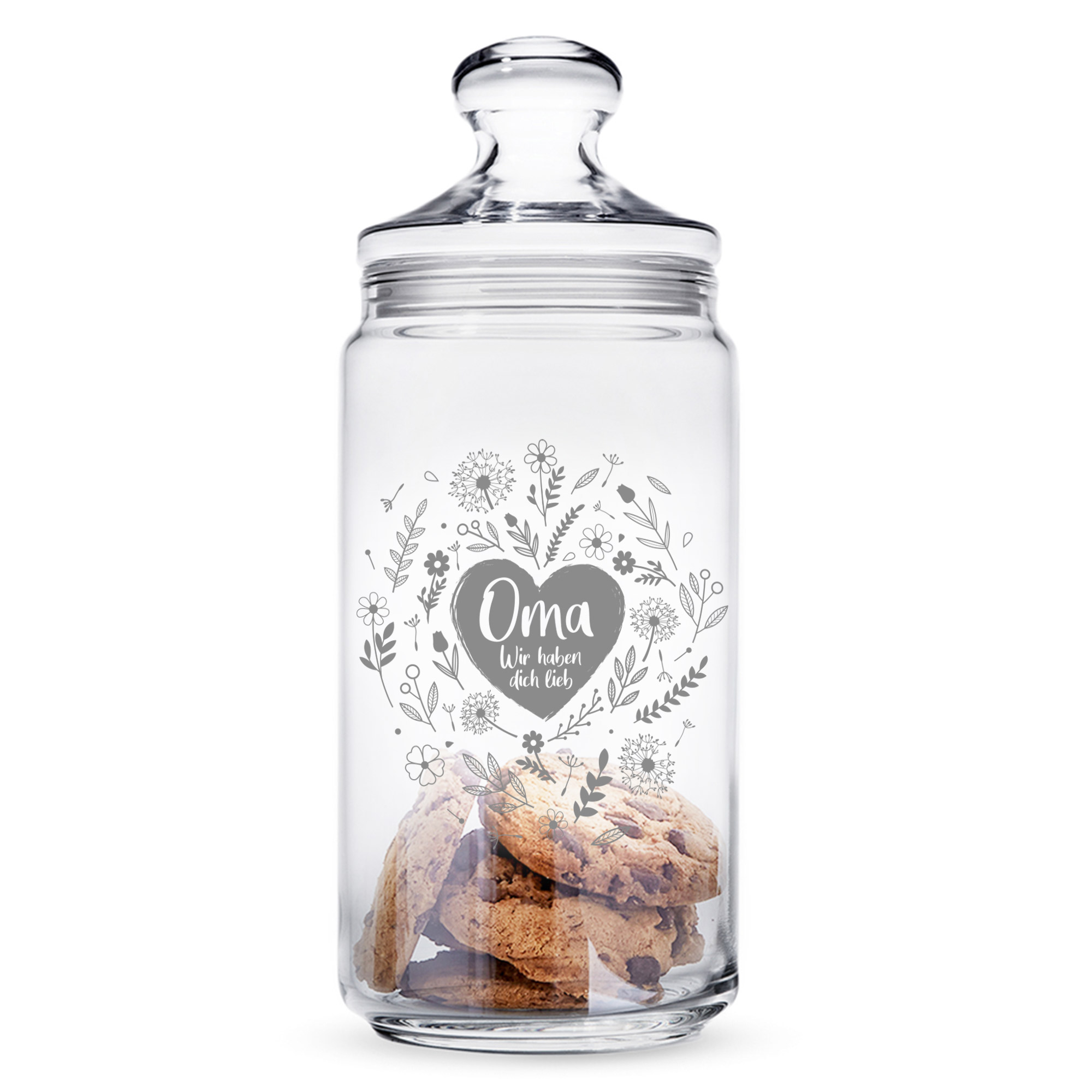 Vorratsglas mit Blumenherz Motiv, Glasbehälter mit Gravur für Oma, Keksdose als Geschenk für Oma, Aufbewahrungsglas mit luftdichtem Deckel