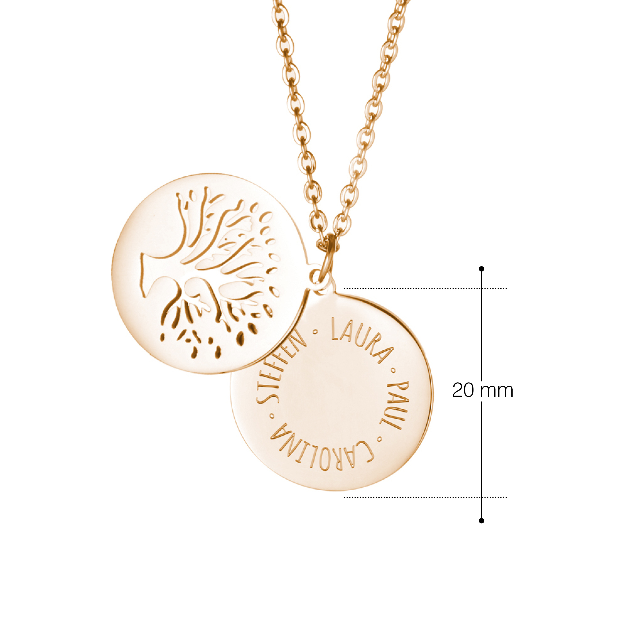 Kette mit Anhänger Lebensbaum - Kreis aus Namen - Gold