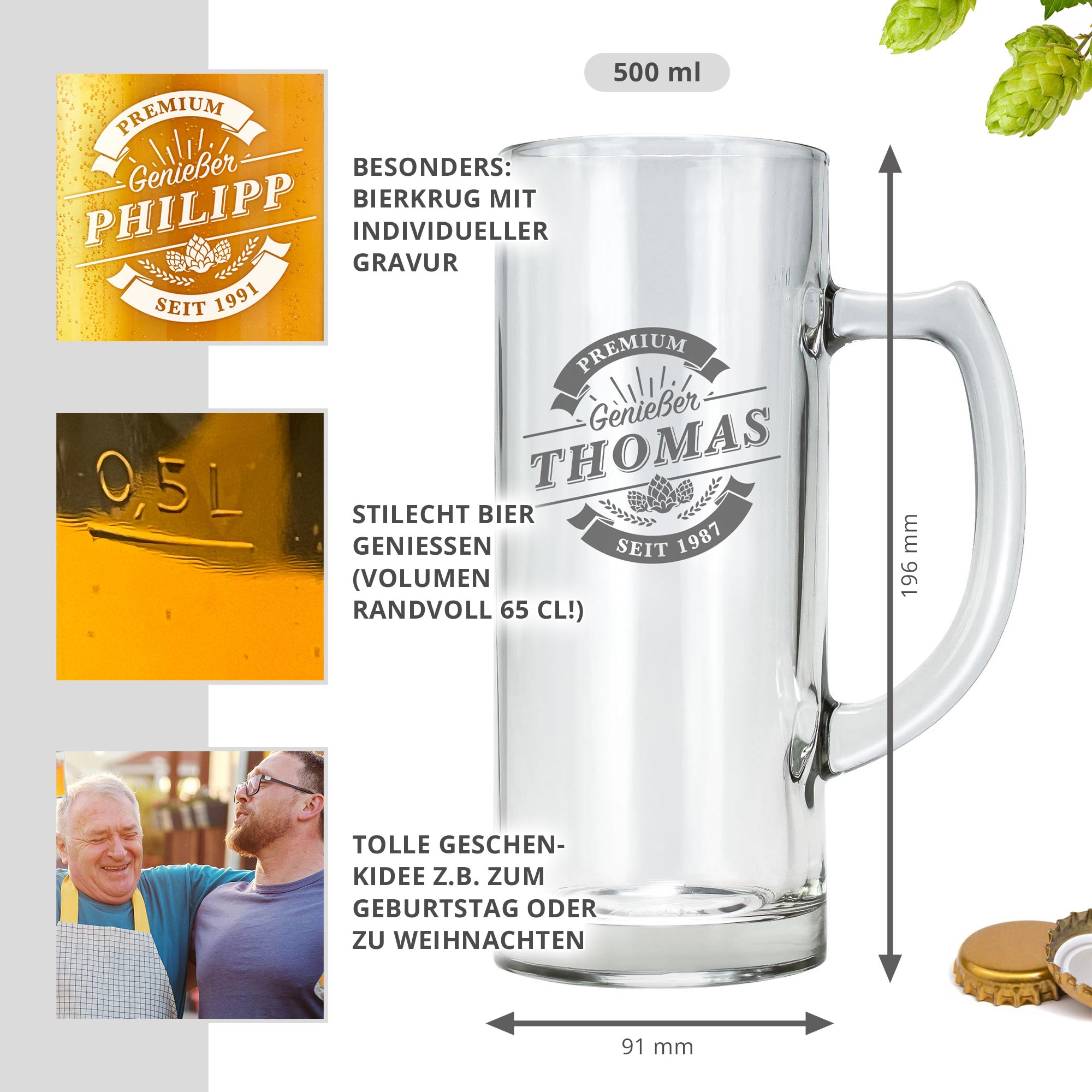 Bierkrug mit Gravur - Premium Genießer