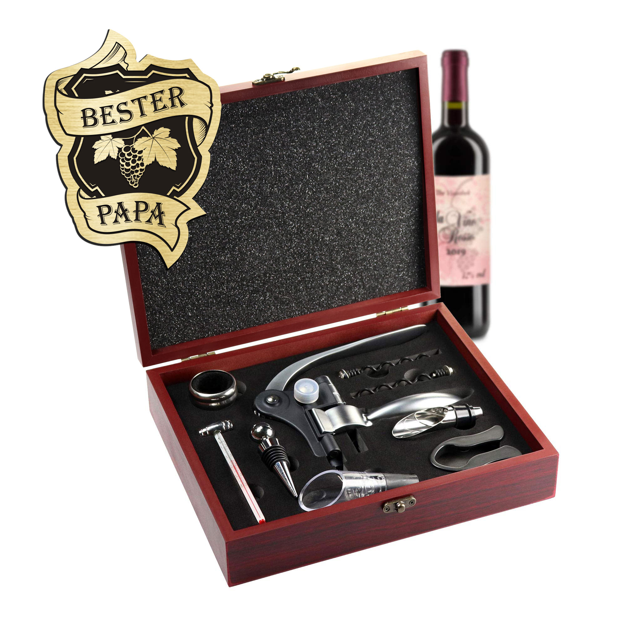 Wein Zubehör im Sommelierset - graviert für den Besten Papa, 10-teiliges Weingeschenk in edler Holzbox, Weinsommelier Set als Geschenk für Väter