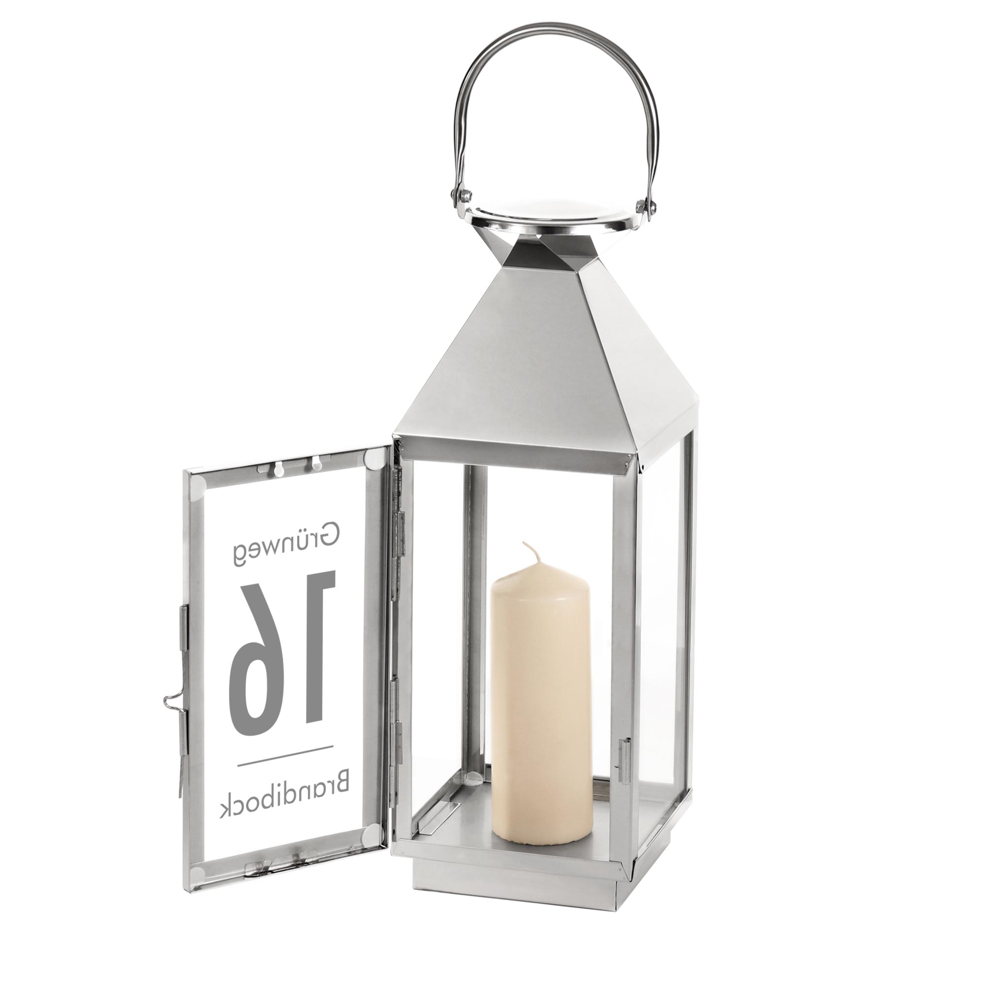 Silber Laterne mit moderner Gravur - Name und Adresse