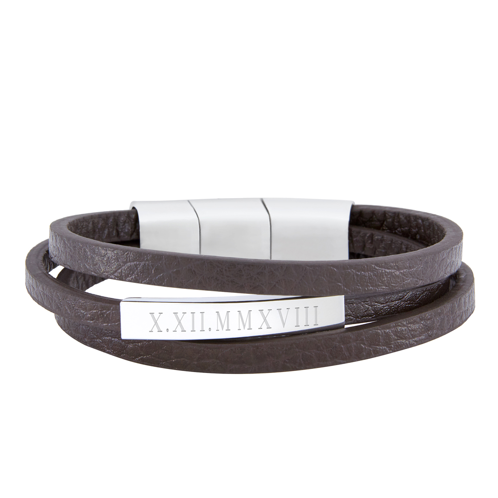 Herrenarmband mit Gravur - braunes Lederarmband mit römischen Ziffern