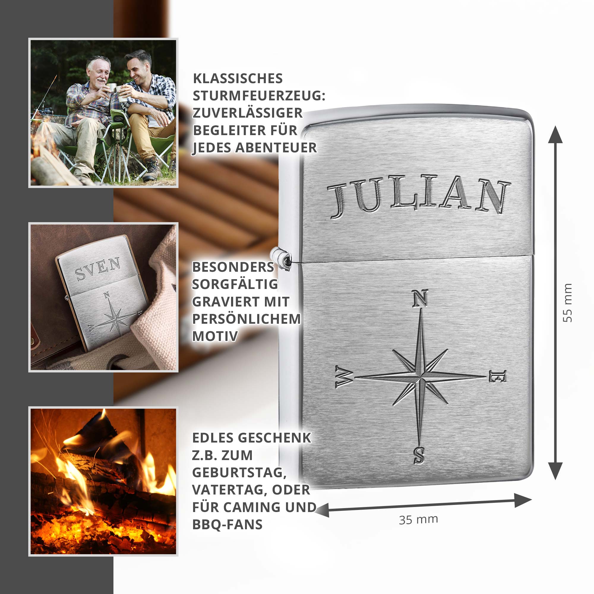 Zippo Sturmfeuerzeug mit Kompass Gravur - Name