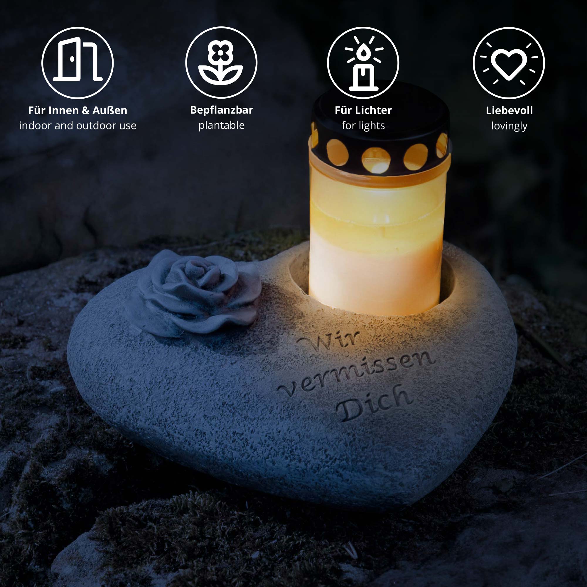 Grabschmuck Trauerherz für Grabkerzen - Wir vermissen Dich