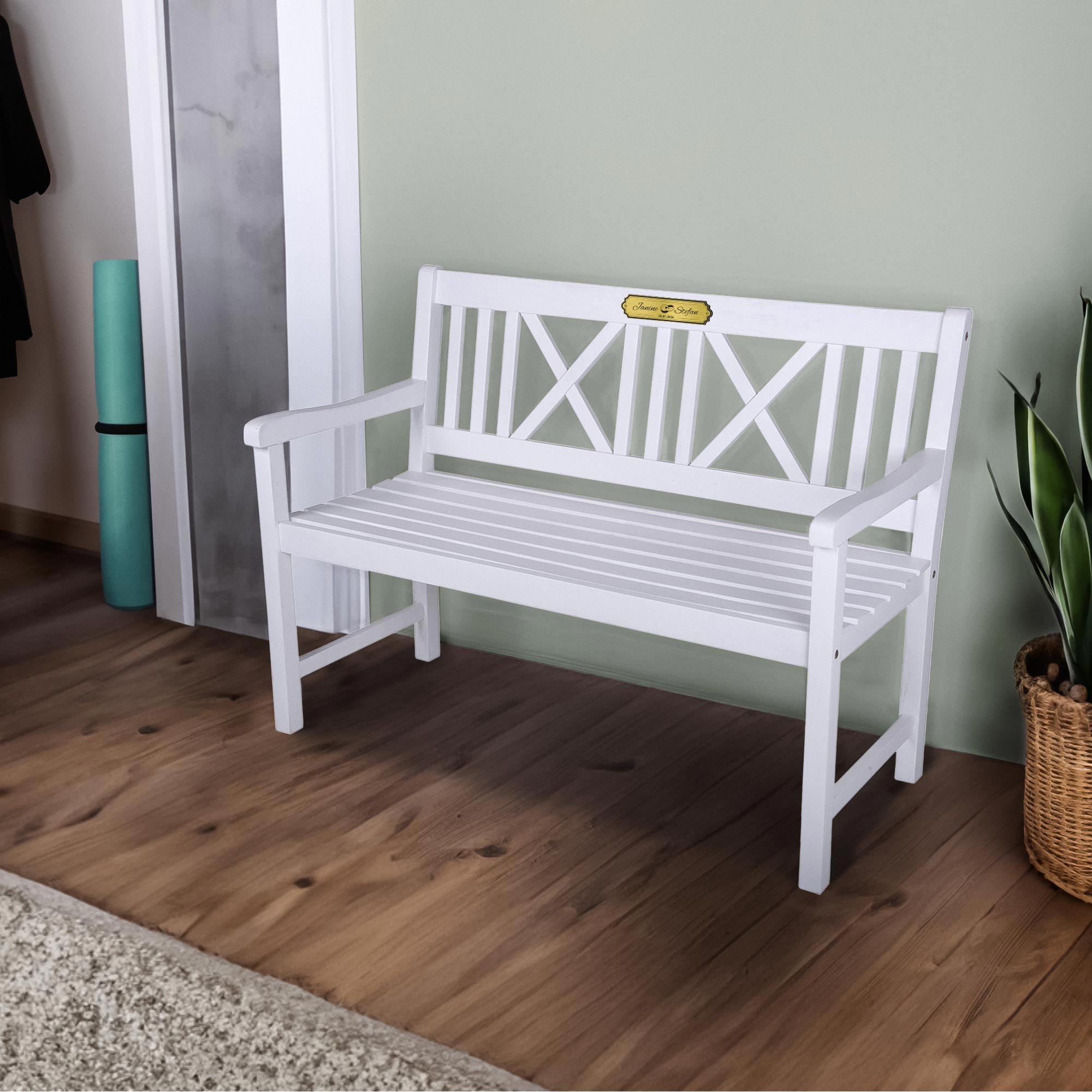 Gartenbank zur Hochzeit 2 Sitzer mit gravierter Plakette - Weiß