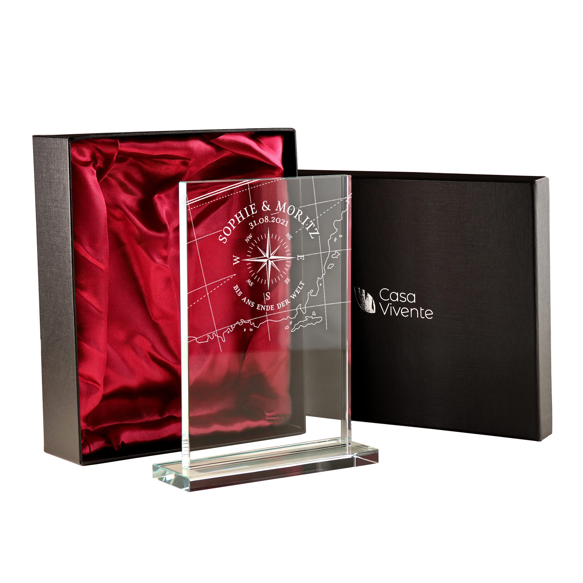 Glastrophäe mit individueller Namensgravur für Paare, Glasdeko mit Gravur als Hochzeitsgeschenk fürs Brautpaar, Pokal aus Glas zum Valentinstag