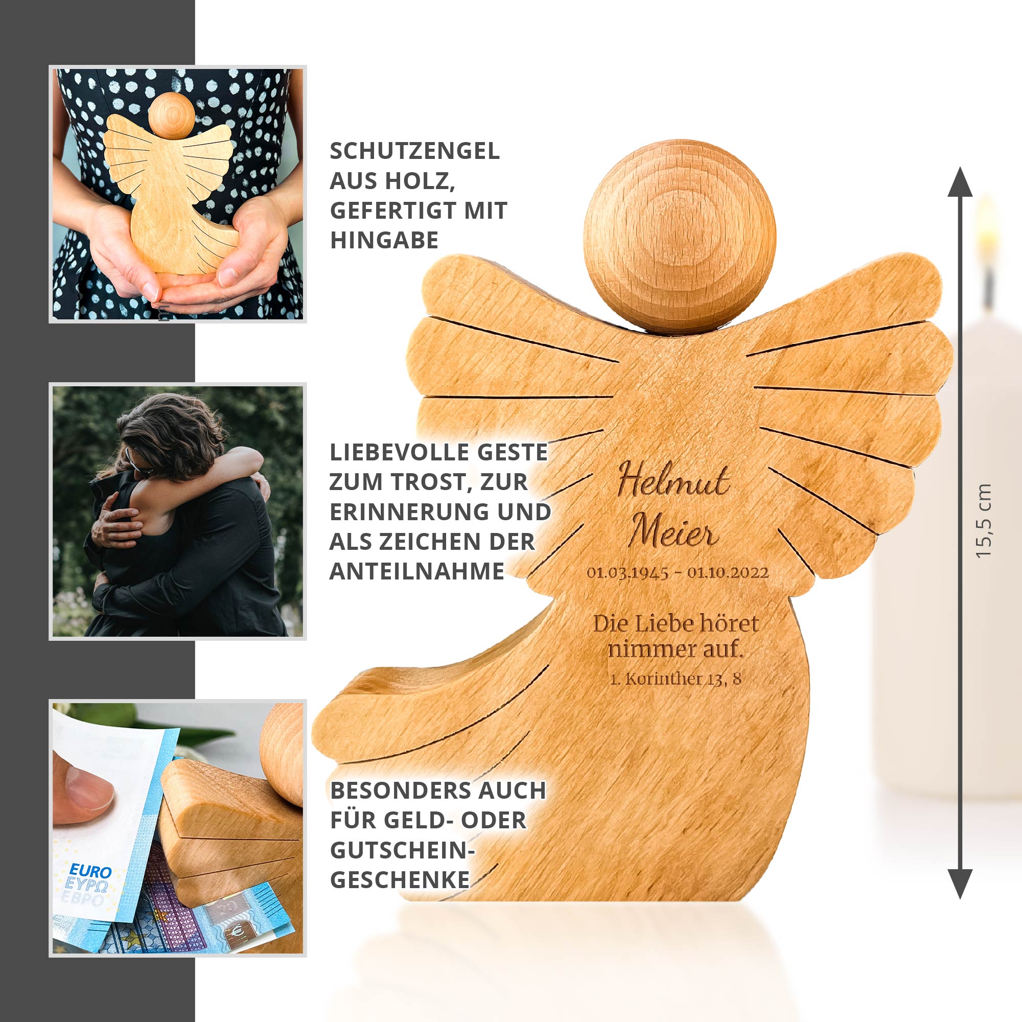 Engel aus Holz mit Schweif - personalisiert mit Trauerspruch