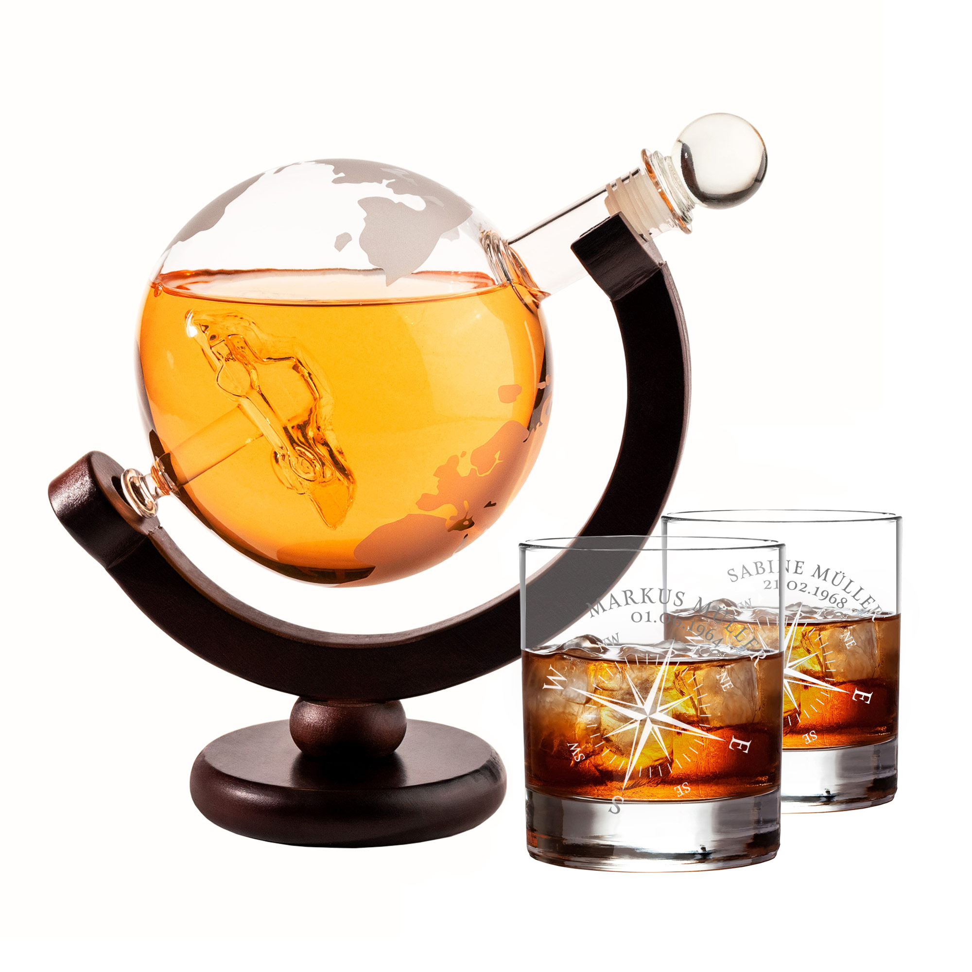 Whiskyset Globus Karaffe und zwei gravierte Tumbler, Whiskyset Globus Karaffe und zwei gravierte Tumbler, Whiskyglas, Geburtstagsgeschenke, whiskyset
