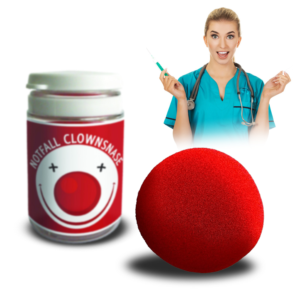 Notfall Clownsnase zum Andrücken, Rote Nase in Pillendose, Clownnase für Clownkostüm, Rote Schaumstoffnase als Kostümzubehör, Lustige Clown Nase