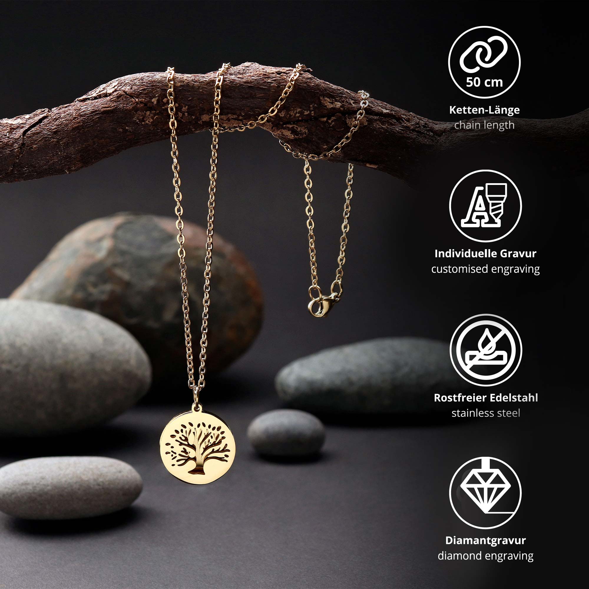 Kette Gold mit Gravur und 2 Anhängern - Lebensbaum