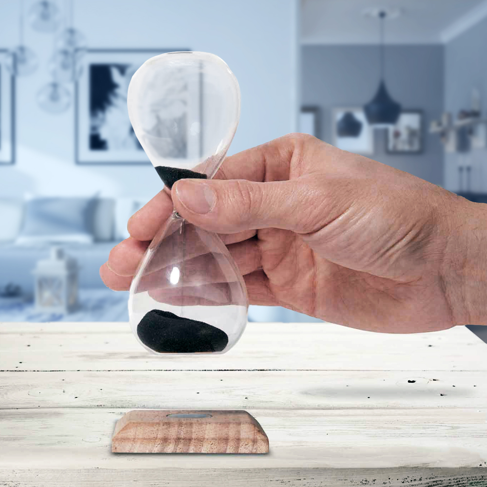 Magische Sanduhr mit Sockel aus Holz, ausgefallene Tischuhr mit magnetischem Sand als 60 Sekunden Timer, Deko Uhr mit Holzelementen