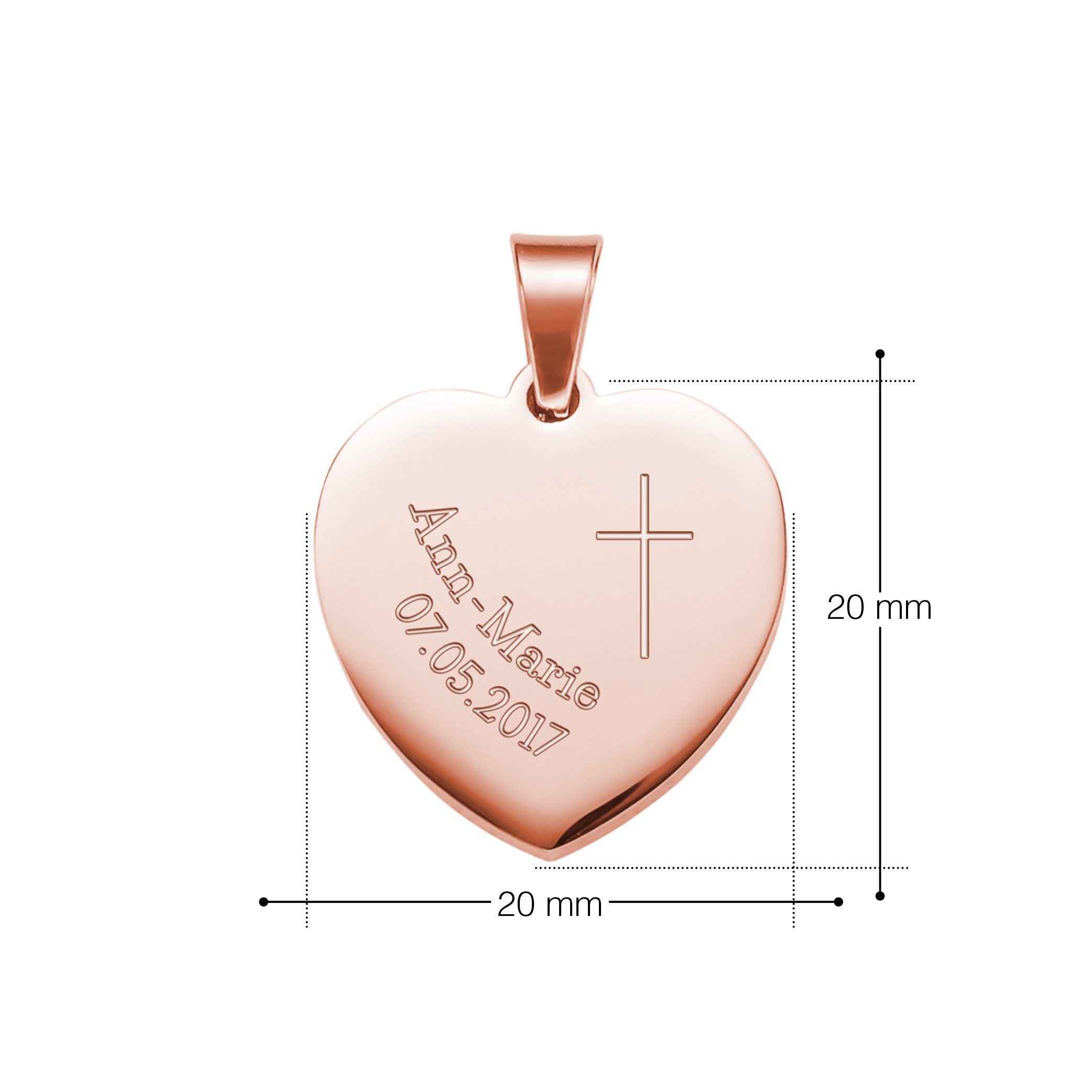 Kette mit Herz-Anhänger - Kreuzkette mit Gravur Kreuz und Datum - Roségold