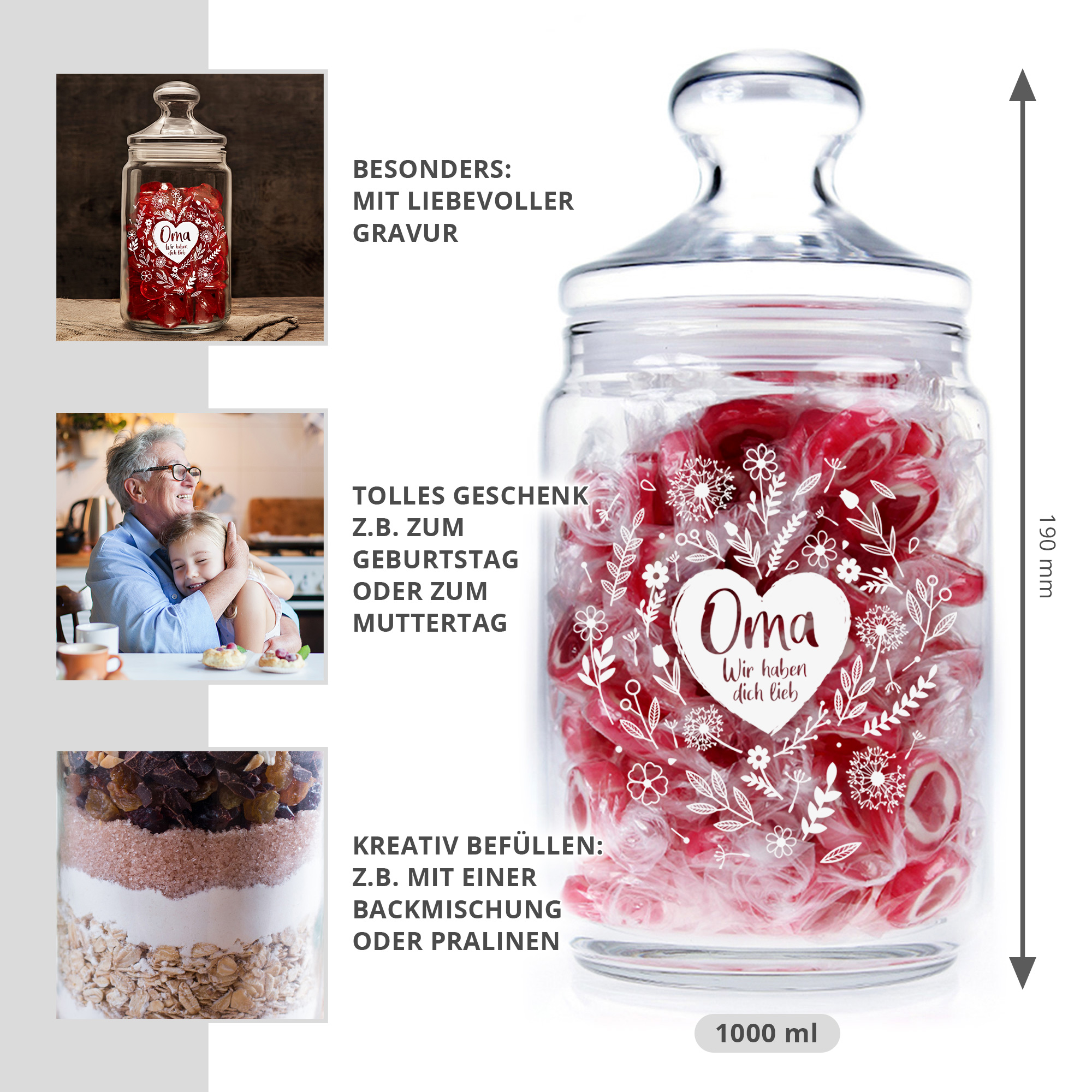 Glas für Bonbons mit Gravur, Bonboniere für Süßigkeiten, Süßigkeiten Glas mit Blumenherz Motiv, Aufbewahrungsglas als Geschenk für Oma