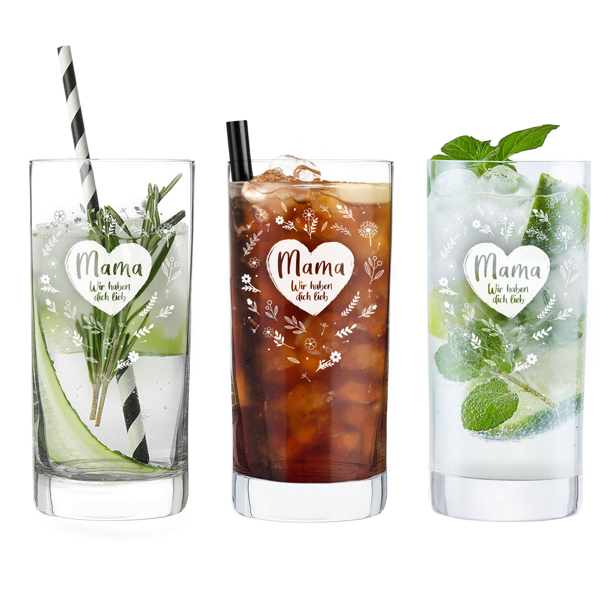 Wasser Glas mit Gravur für Mama, Saftglas mit Blumenherz Motiv, Cocktailglas als Muttertagsgeschenk, Trinkgeschirr als Geschenk zum Muttertag