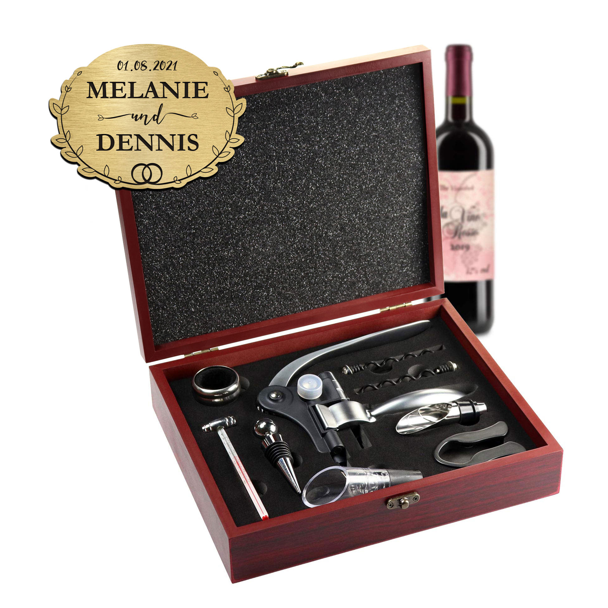 Weinsommelier Set als Geschenk zur Hochzeit, Wein Zubehör im Sommelierset mit individueller Gravur, hochwertiges Weingeschenk in edler Geschenkbox