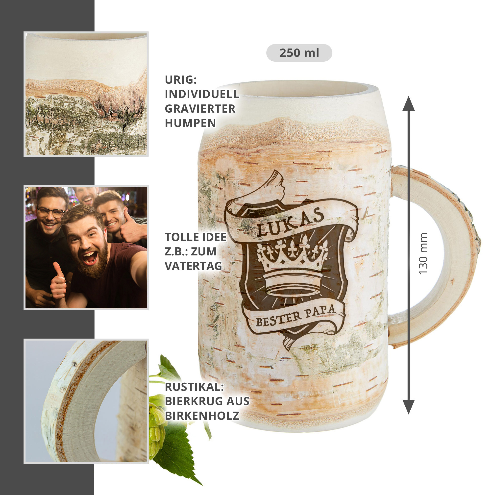 Holz Bierkrug mit Gravur Bester Papa - Name
