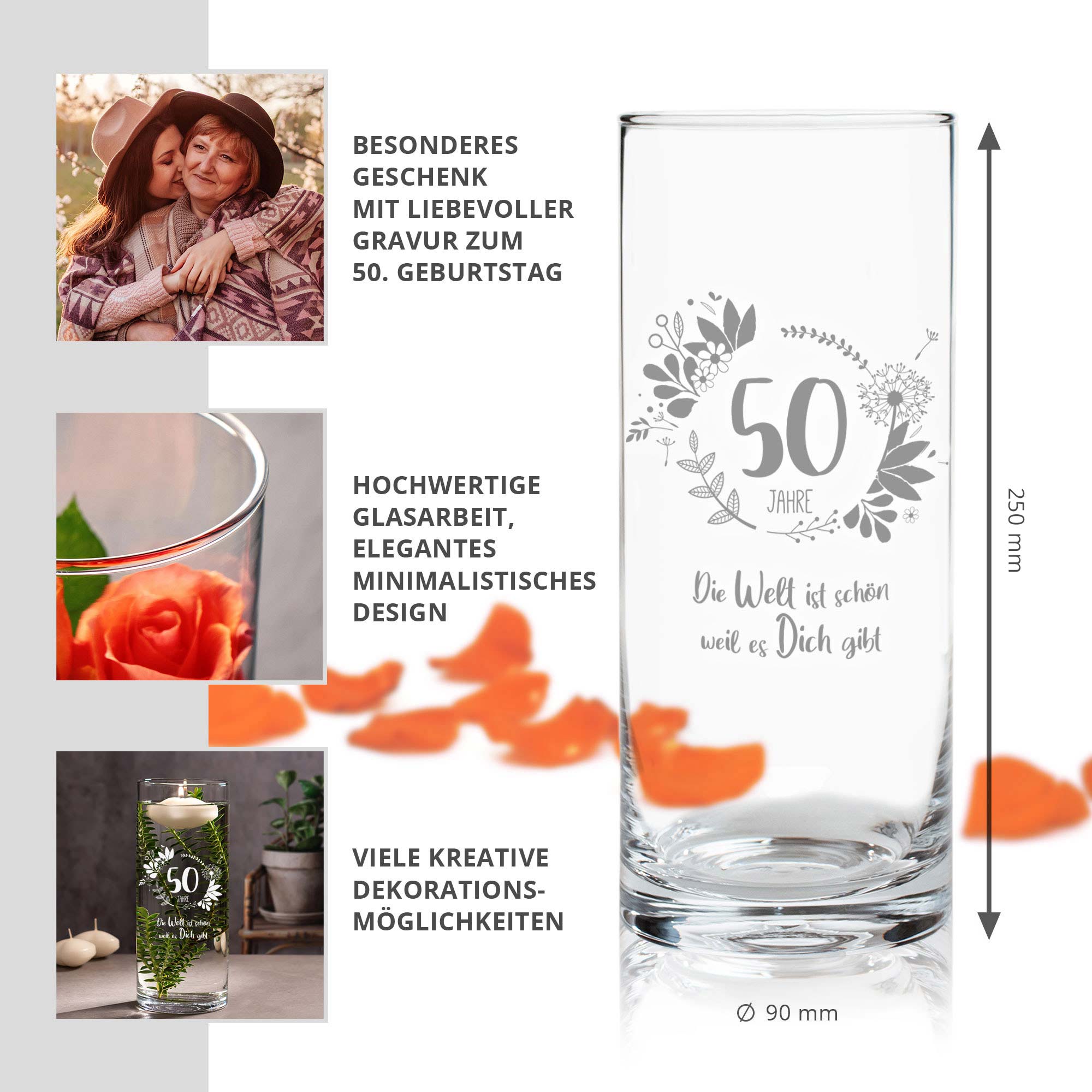 Runde Blumenvase mit Gravur - Geburtstag