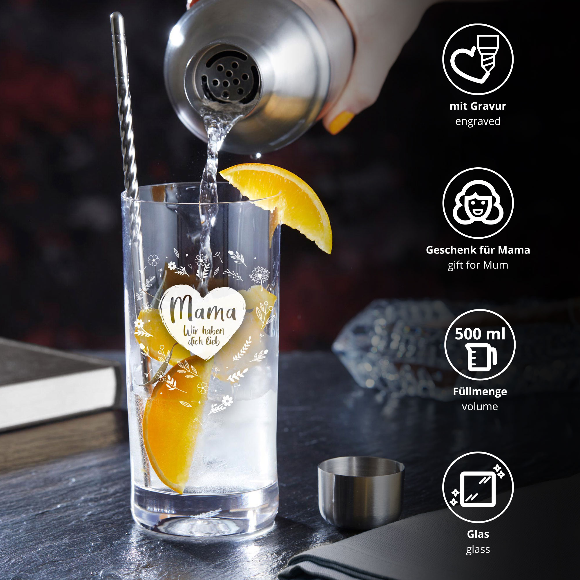 Wasser Glas mit Gravur für Mama, Saftglas mit Blumenherz Motiv, Cocktailglas als Muttertagsgeschenk, Trinkgeschirr als Geschenk zum Muttertag