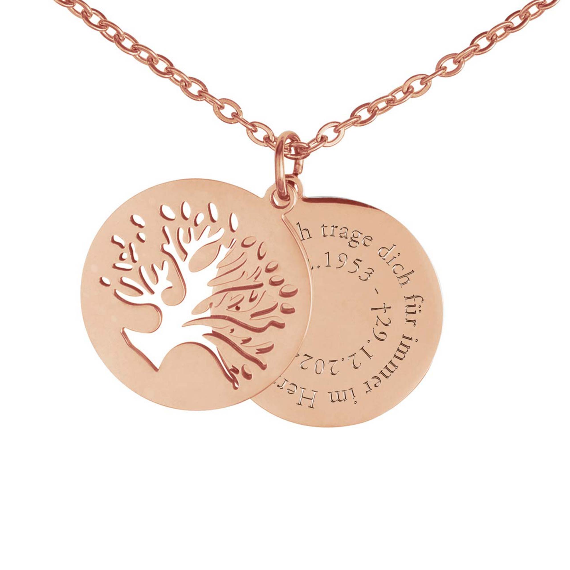 Kette Roségold mit Gravur und 2 Anhängern - Lebensbaum