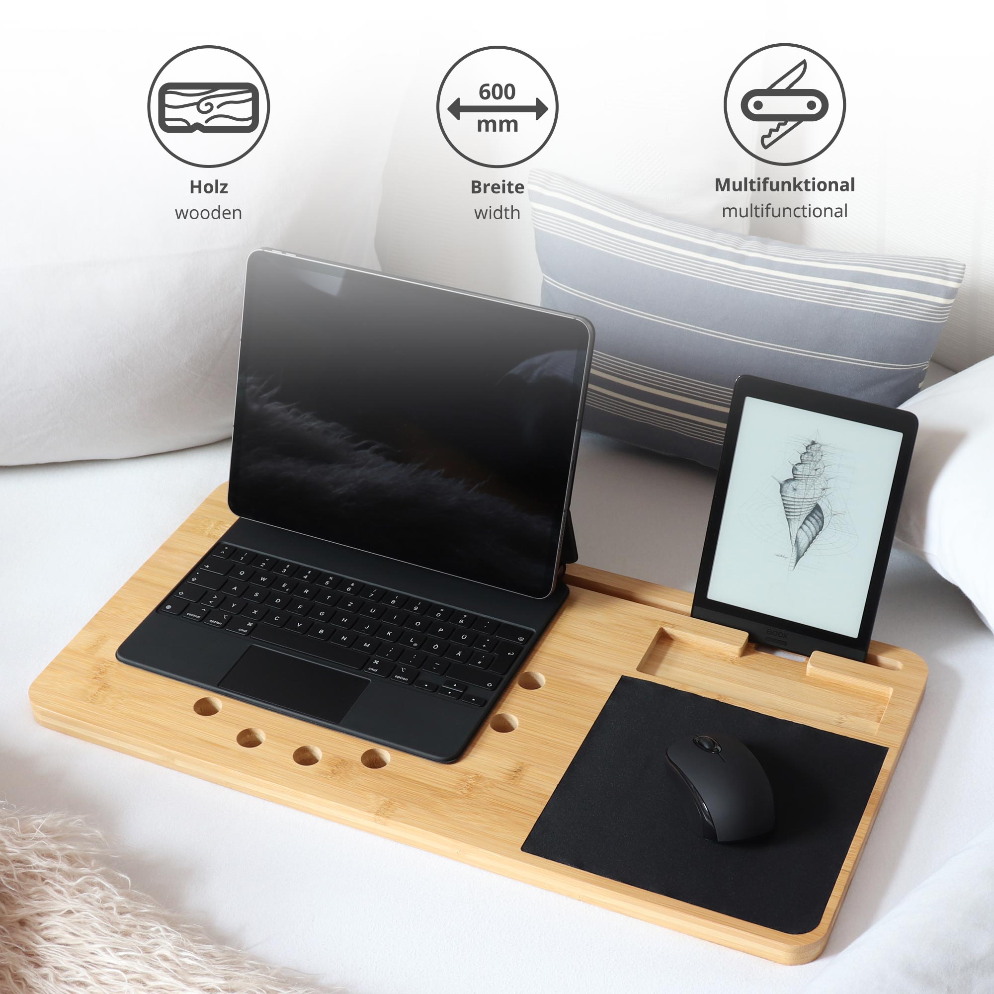 Laptoptisch mit Mauspad, Knietablett, Knietisch, Laptophalter mit Luftlöchern, Laptoptisch Bett, Betttisch Laptop, Lapdesk, Holz Unterlage