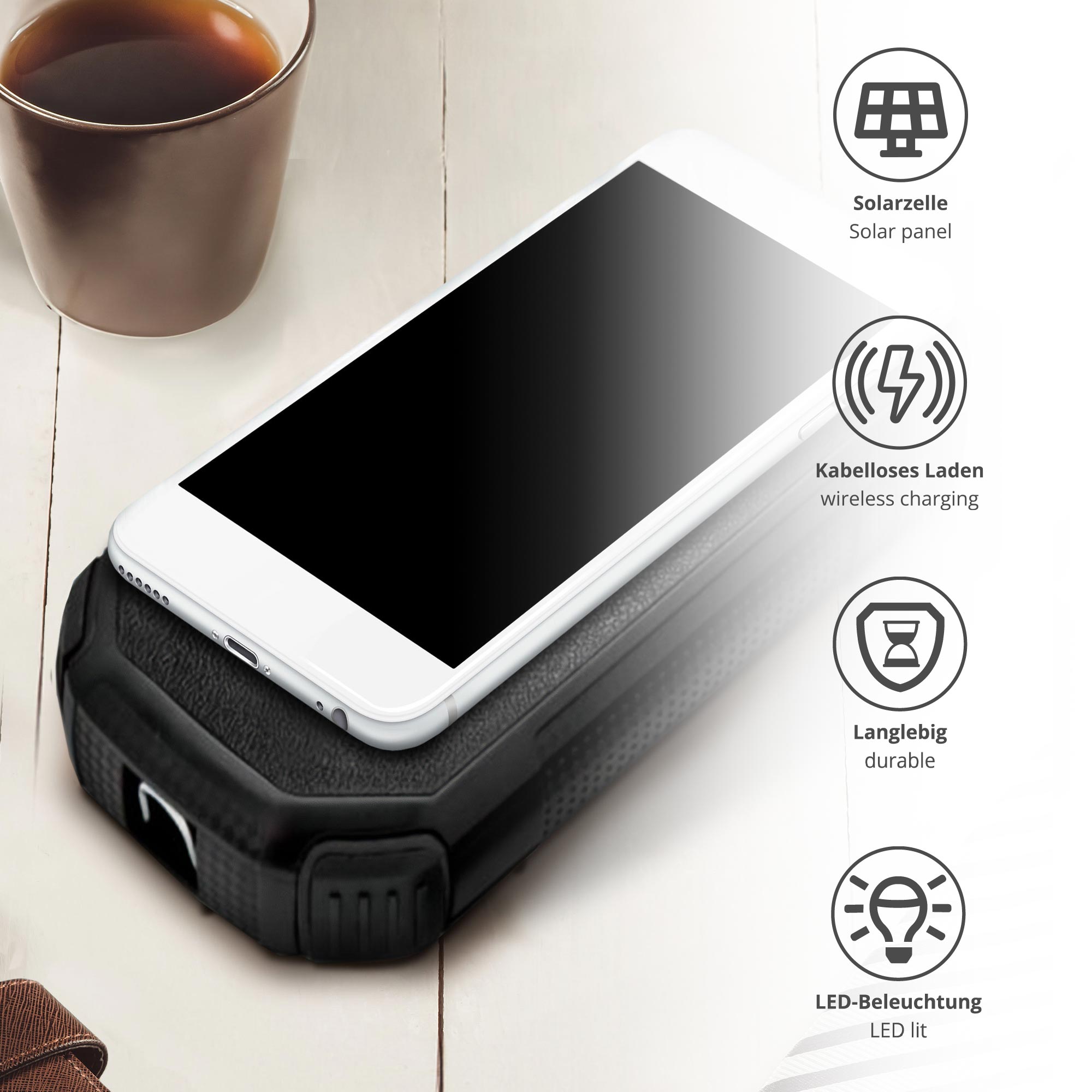 Solar Powerbank 20000 mAh - Ladegerät mit LED Licht
