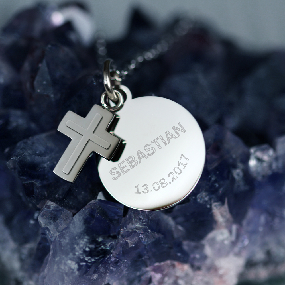 Kreuzanhänger und Plakette mit Gravur - Silber