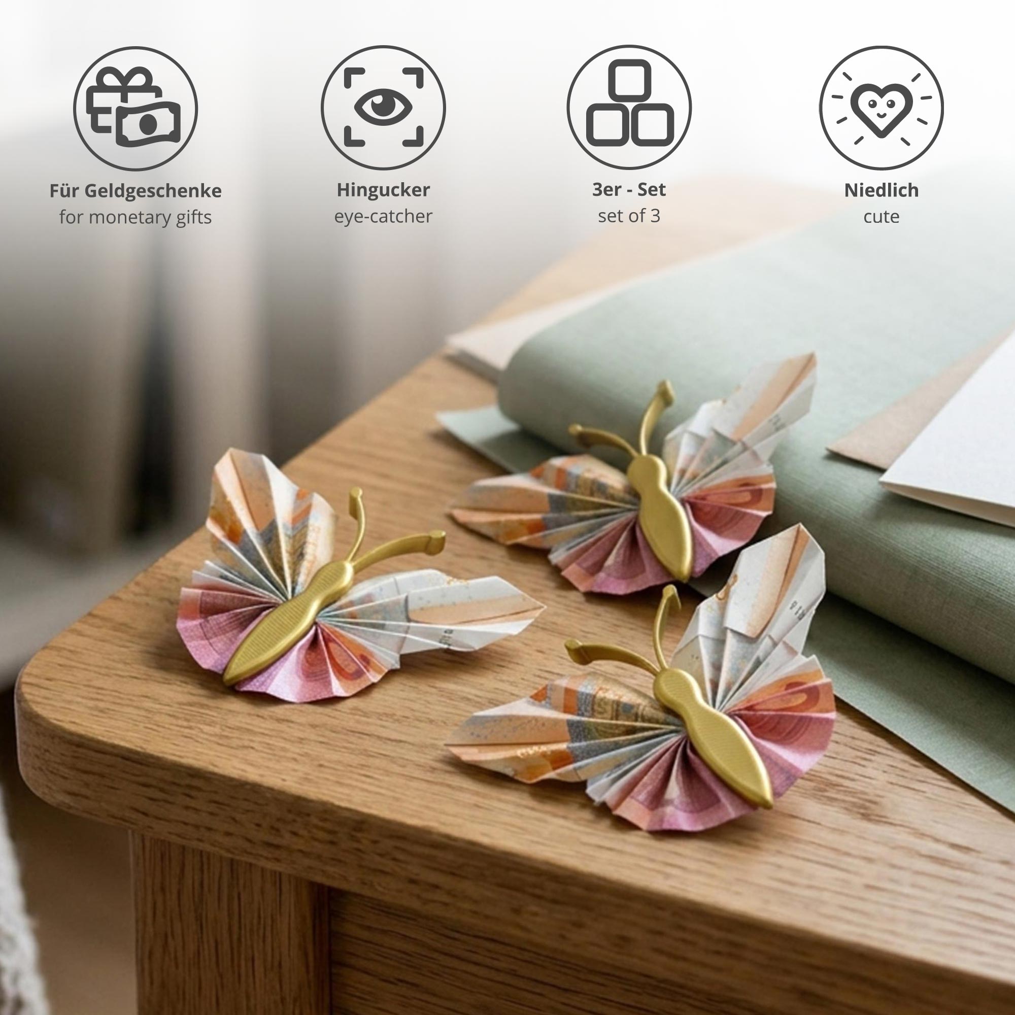 Geldgeschenk Schmetterling - 3er Set Geschenkverpackung für Geld in Gold