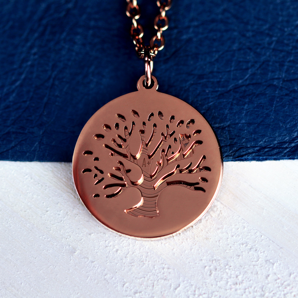 Kette mit Gravur und Lebensbaum-Anhänger - Jahresringe - Roségold