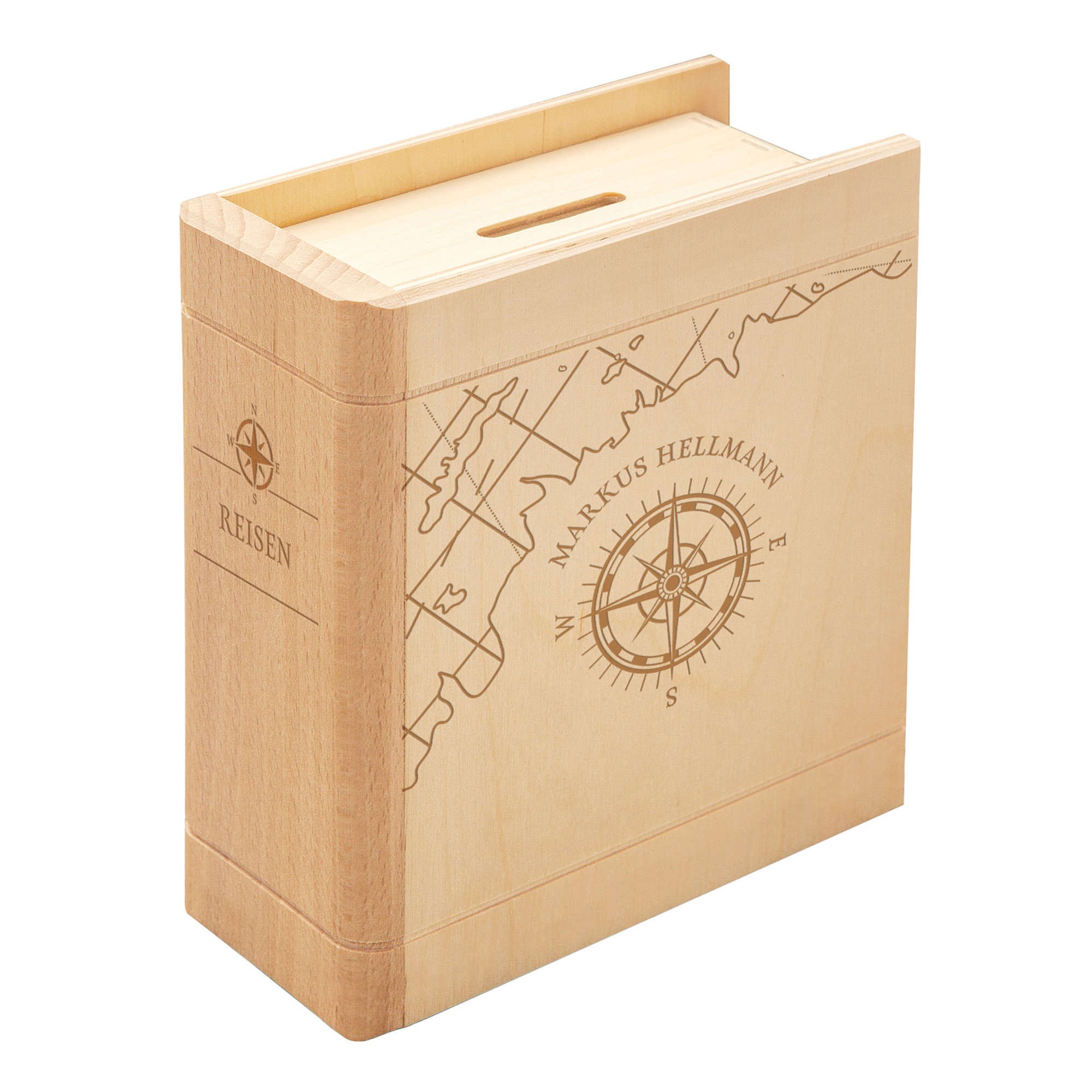 Gravierbare Holz Spardose als persönliche Reisekasse, Sparbuch mit Namensgravur - originelles Geldgeschenk, personalisierte Sparbüchse - Kompass Mot